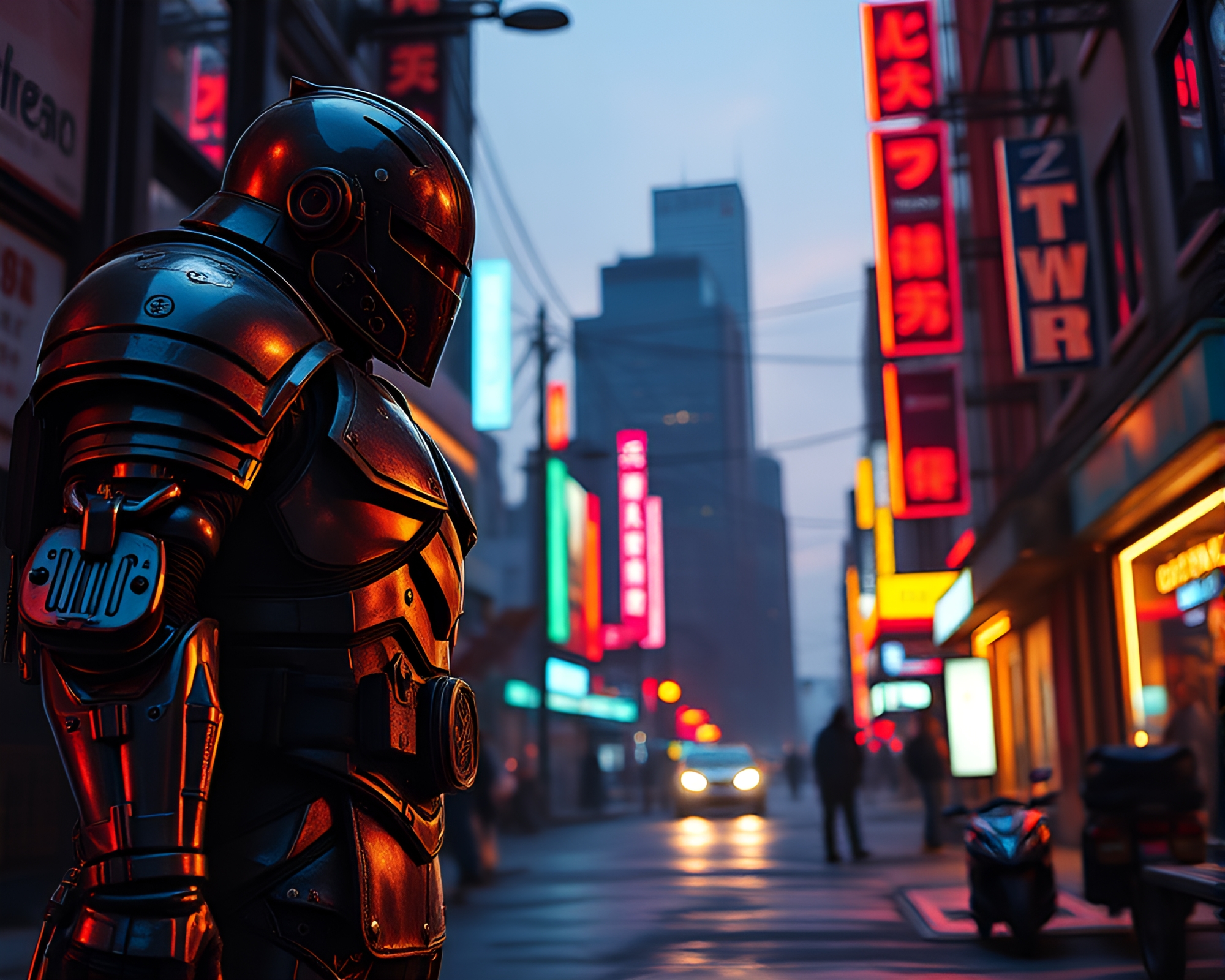 Neon City Knight: Golden Hour Street Art Armor – free AI stock image