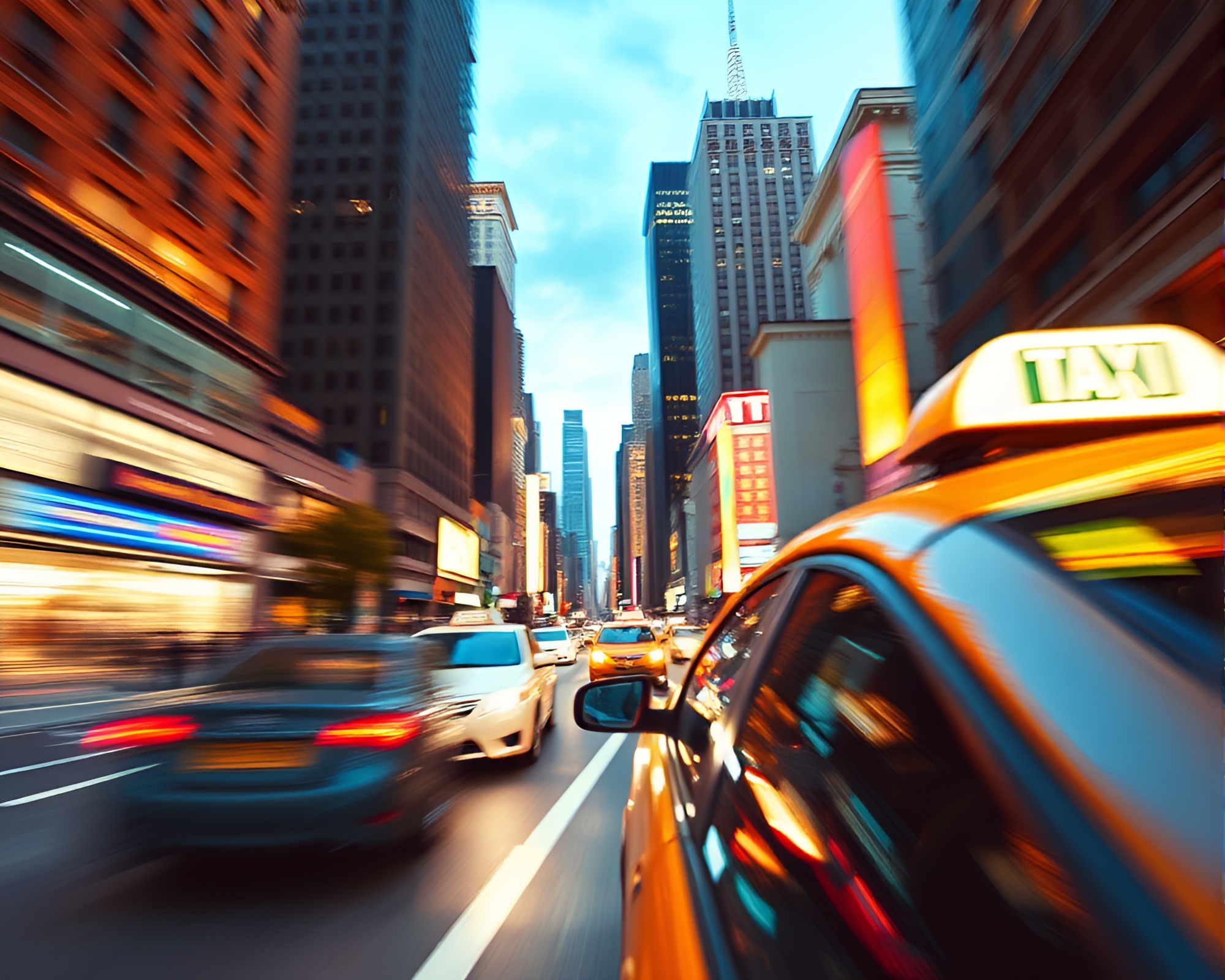 Taxi Streaks Through Pastel Virtual Cityscape – free AI stock image