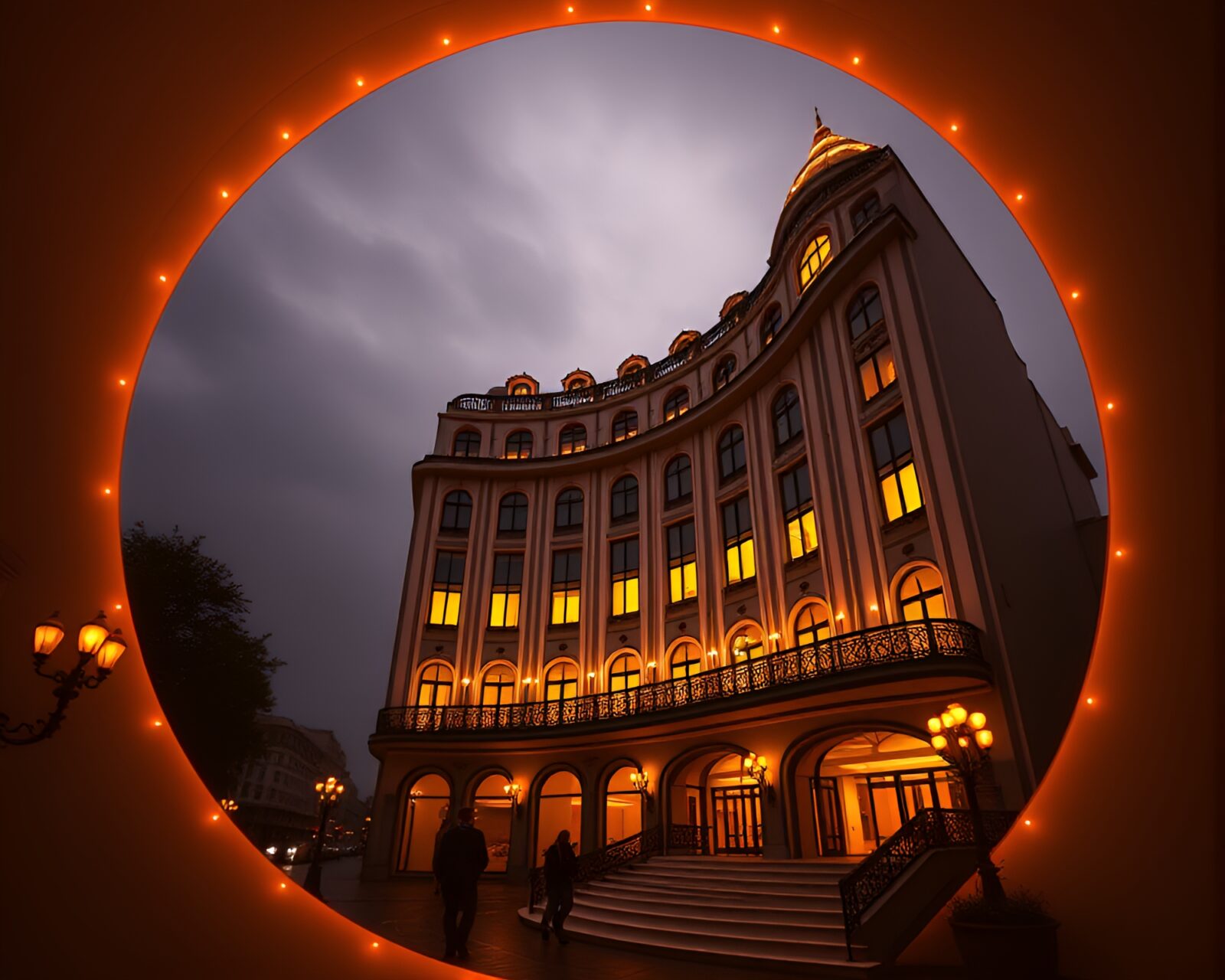 Elegant art deco hotel with Fibonacci spiral composition