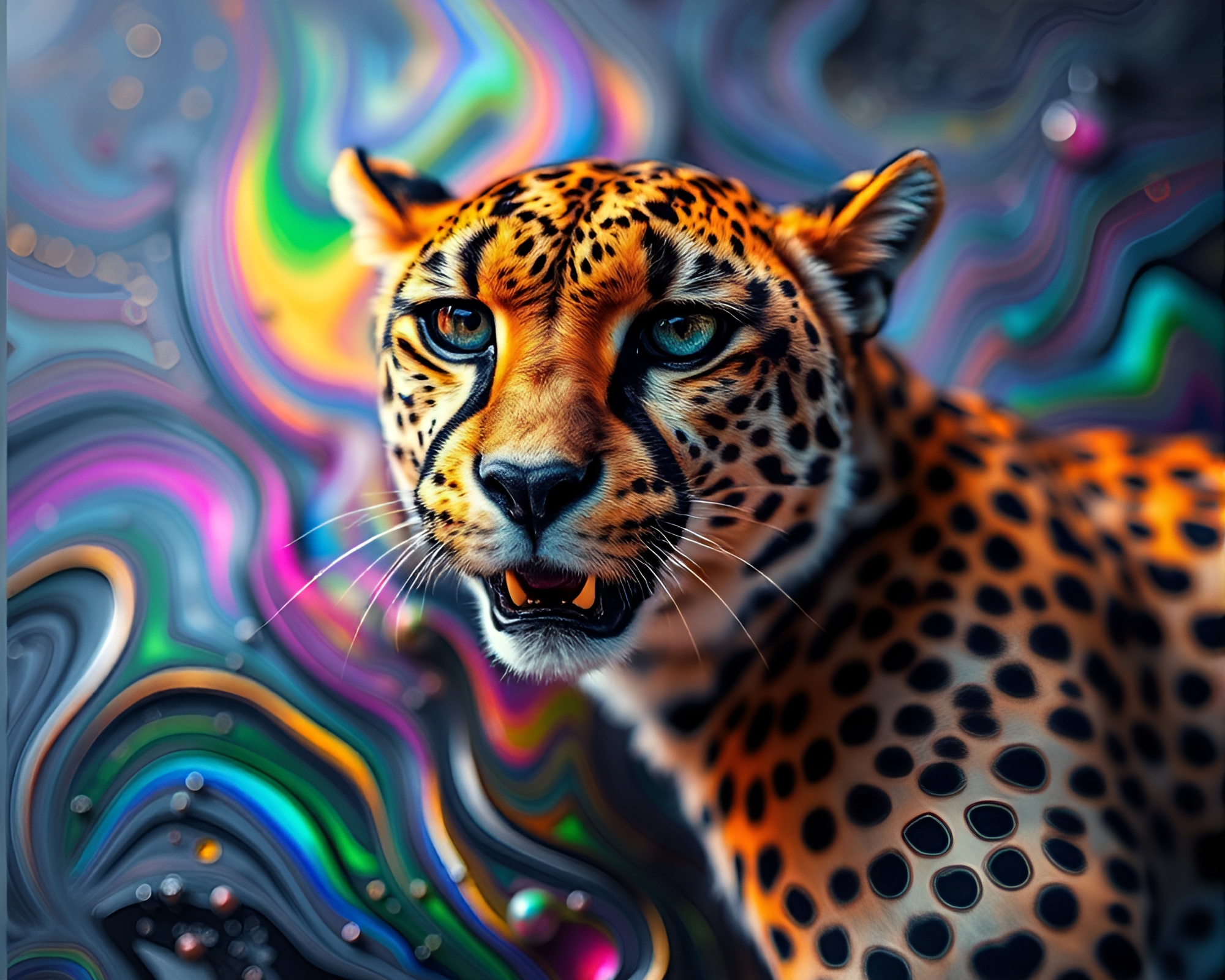 Surreal Cheetah Mirage in Oil Slick Rainbow – free AI stock image