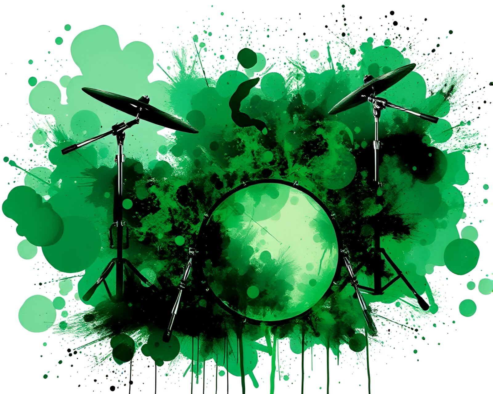 Vibrant emerald green drum beats amid glitchy ink splashes