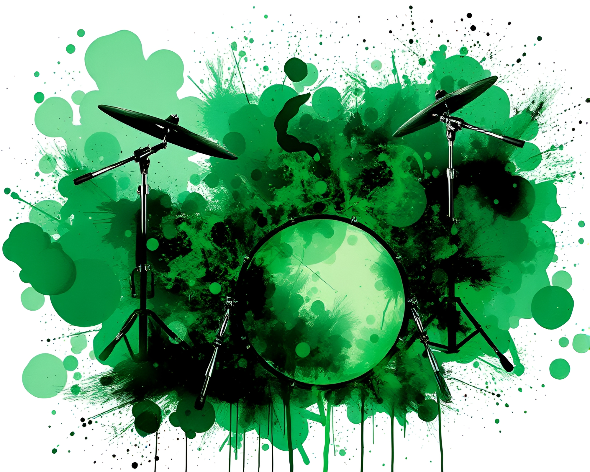 Emerald Drum Beats: Glitch Art Ink Splashes Composition – free AI stock image