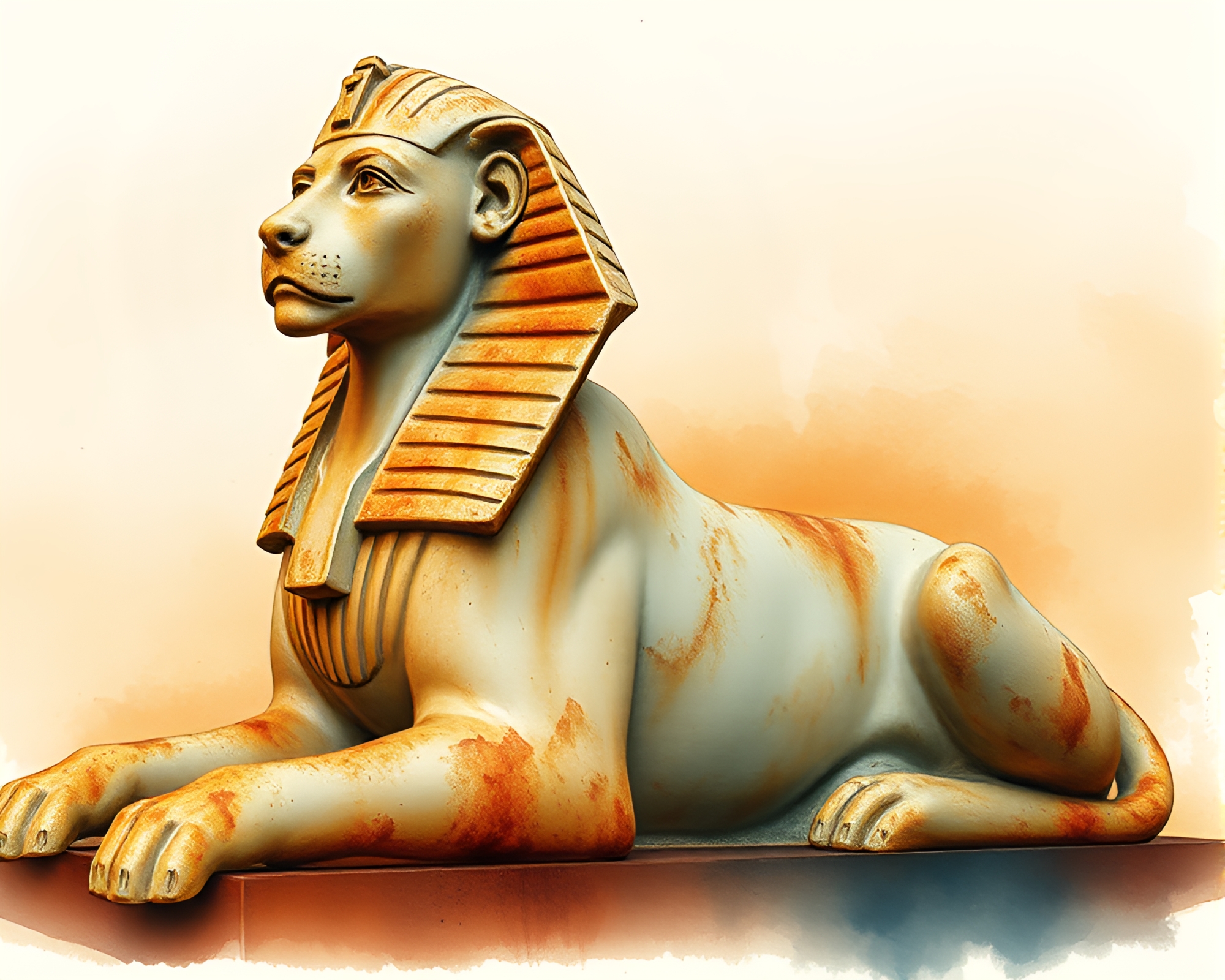 Sphinx Statue with Rust Patina in Watercolor Wash – free AI stock image