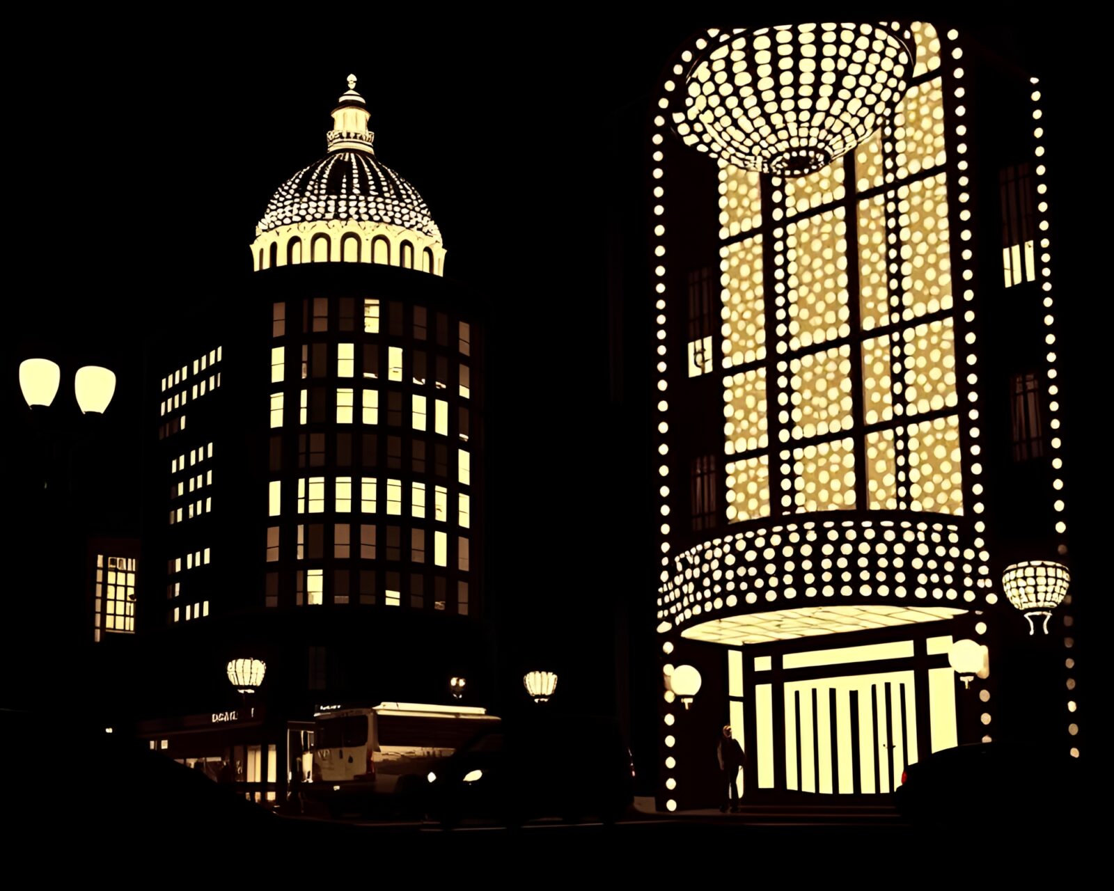 Abstract paper cutout dots create chiaroscuro lighting in hotel