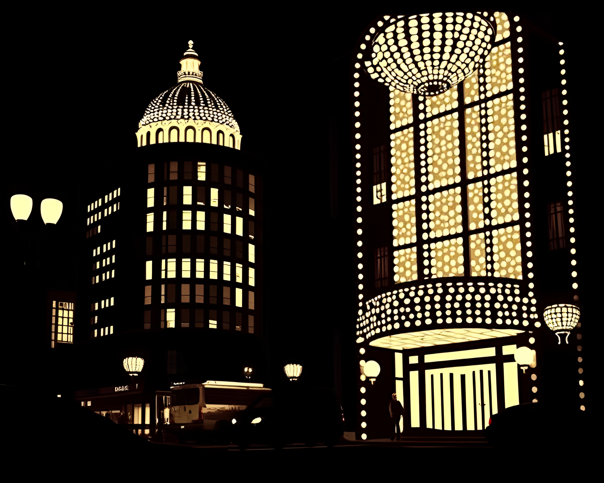 Dramatic Art Deco Hotel Pointillist Scene – free AI stock image