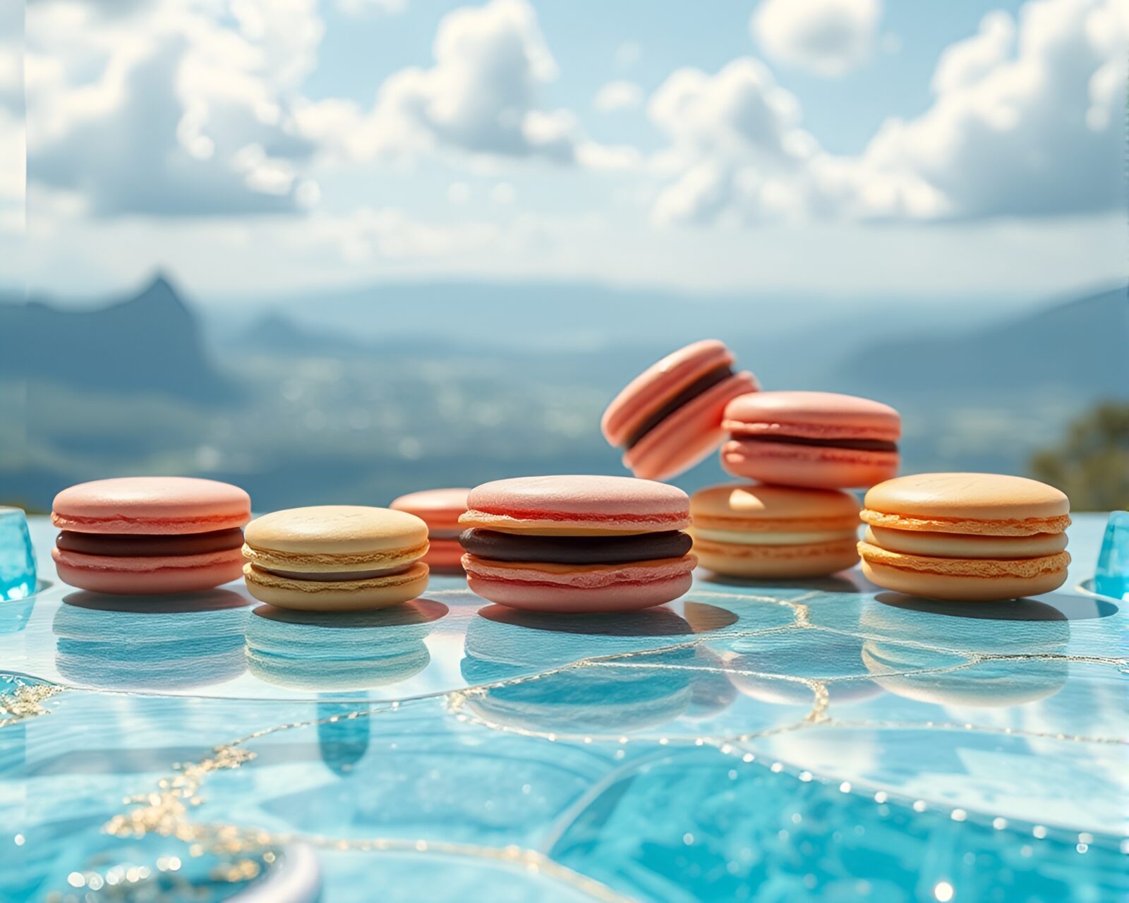 Surrealist topaz-lit panoramic view of vibrant macaron assortment.