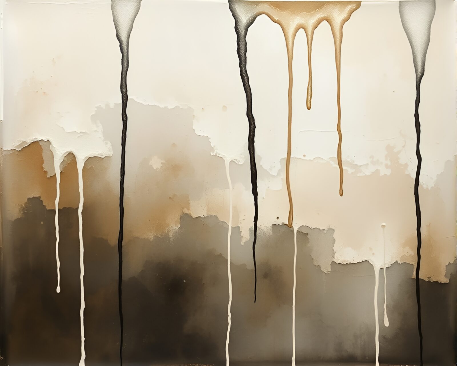 Abstract ink wash drips merging with palette knife painting.
