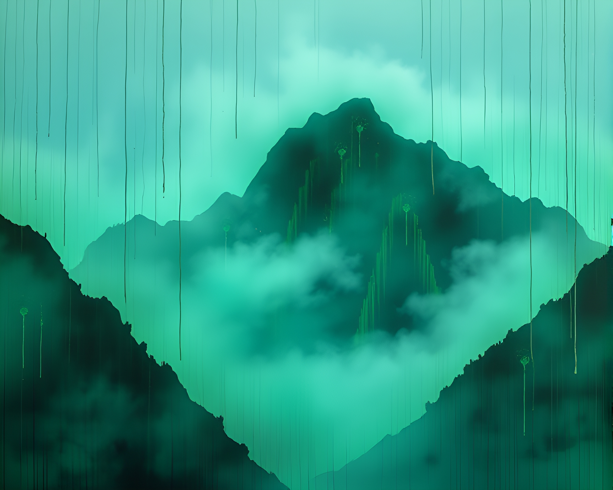 Emerald Mist: Graffiti Drips on Mountain Peak – free AI stock image