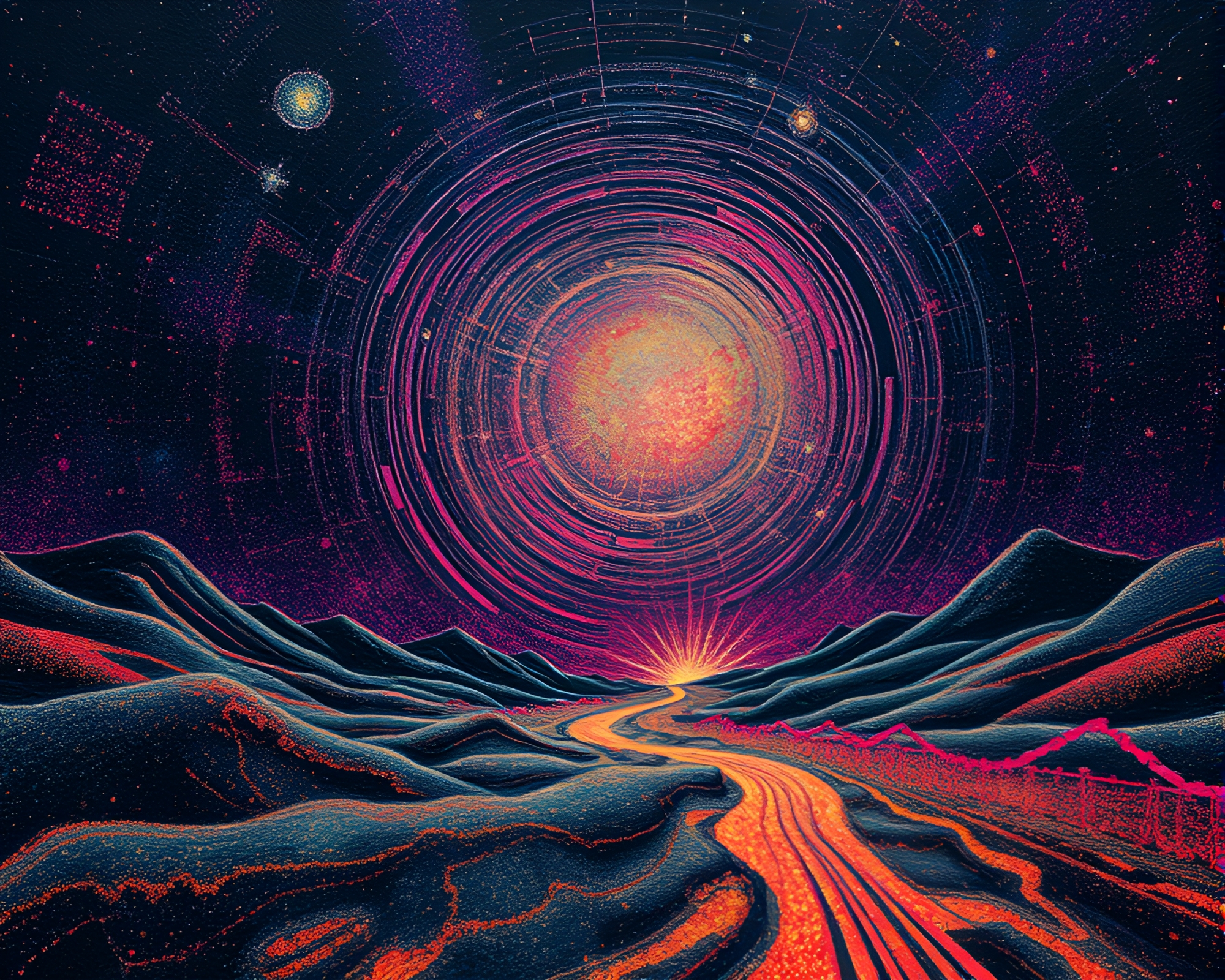 Ethereal Time Vortex Landscape Etching with Glitter Dust – free AI stock image
