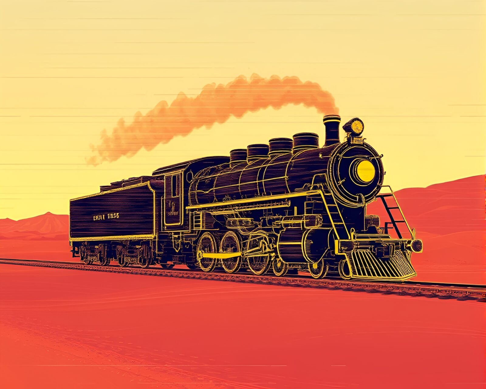 Etched lines create steam train in glitched desert setting