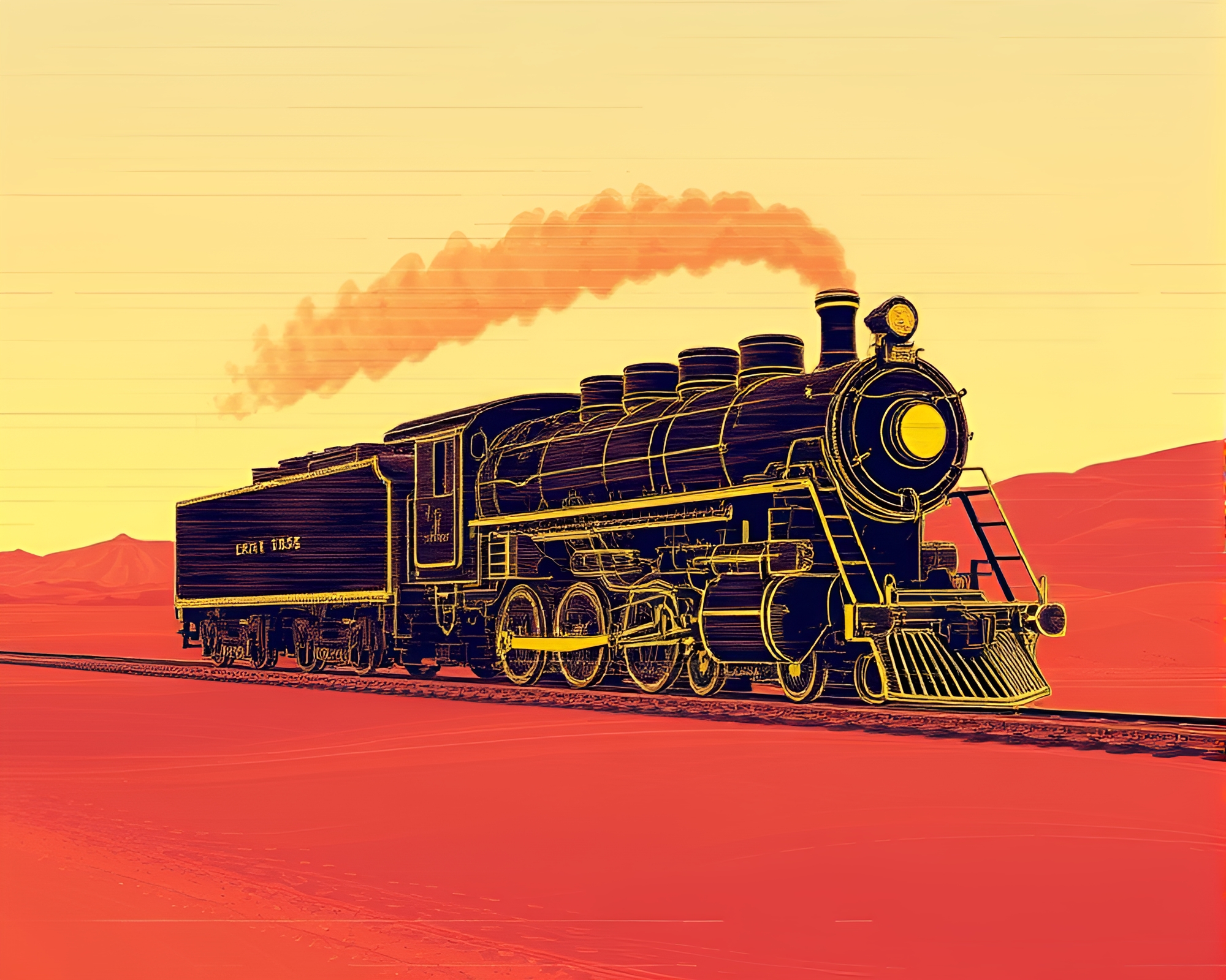 Digital Glitch Steam Locomotive in Desert Sands – free AI stock image