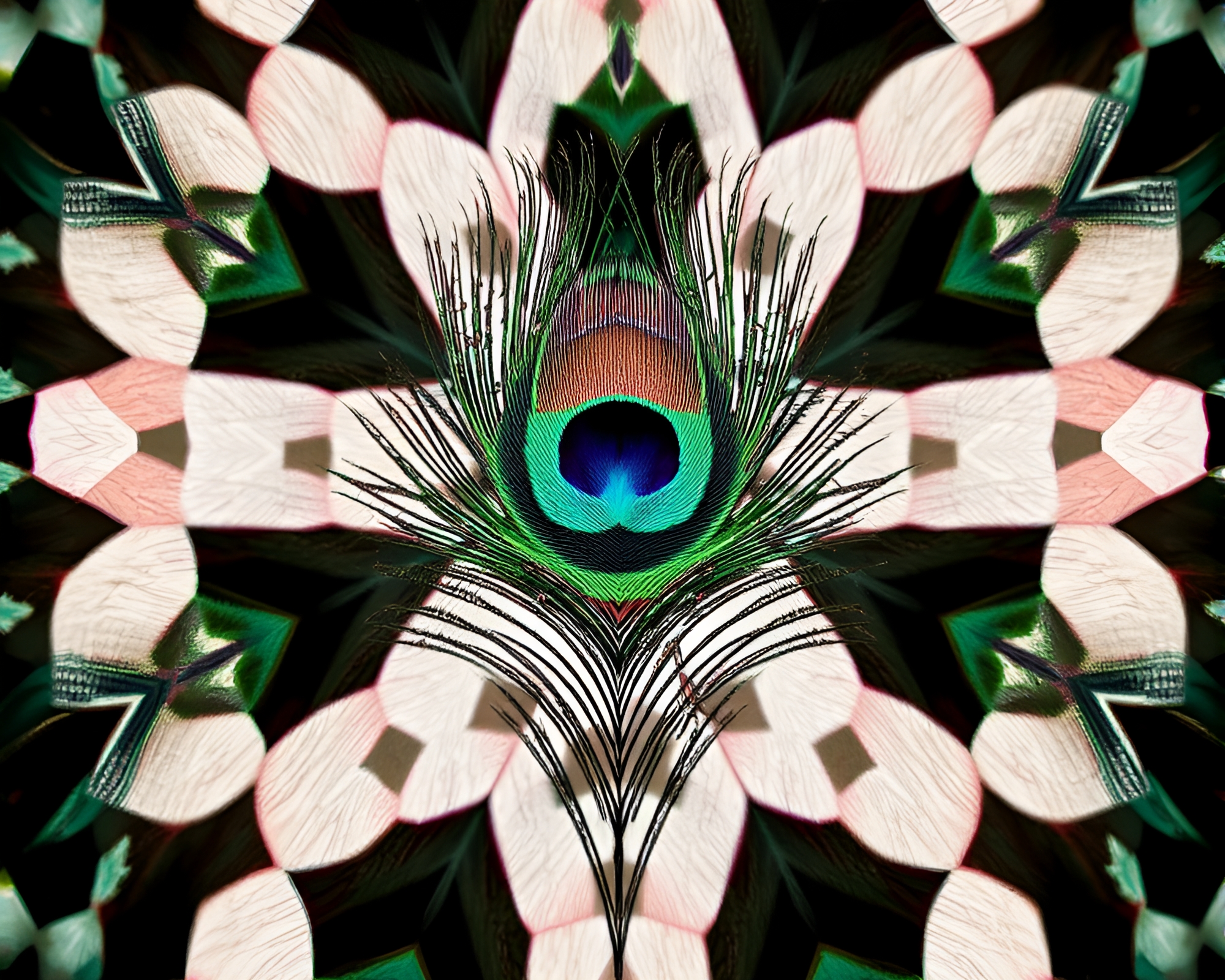 Kaleidoscopic Peacock Feather Double Exposure Photography – free AI stock image