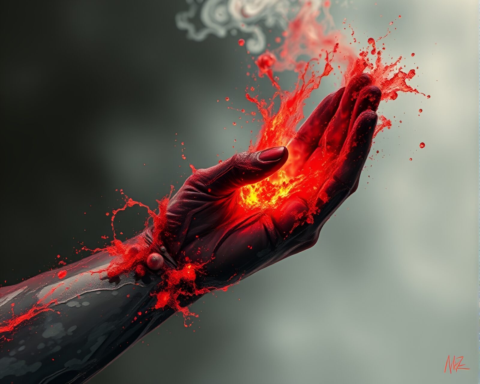 Sumi-e-style painting of red-glowing cybernetic hand in watery distortion