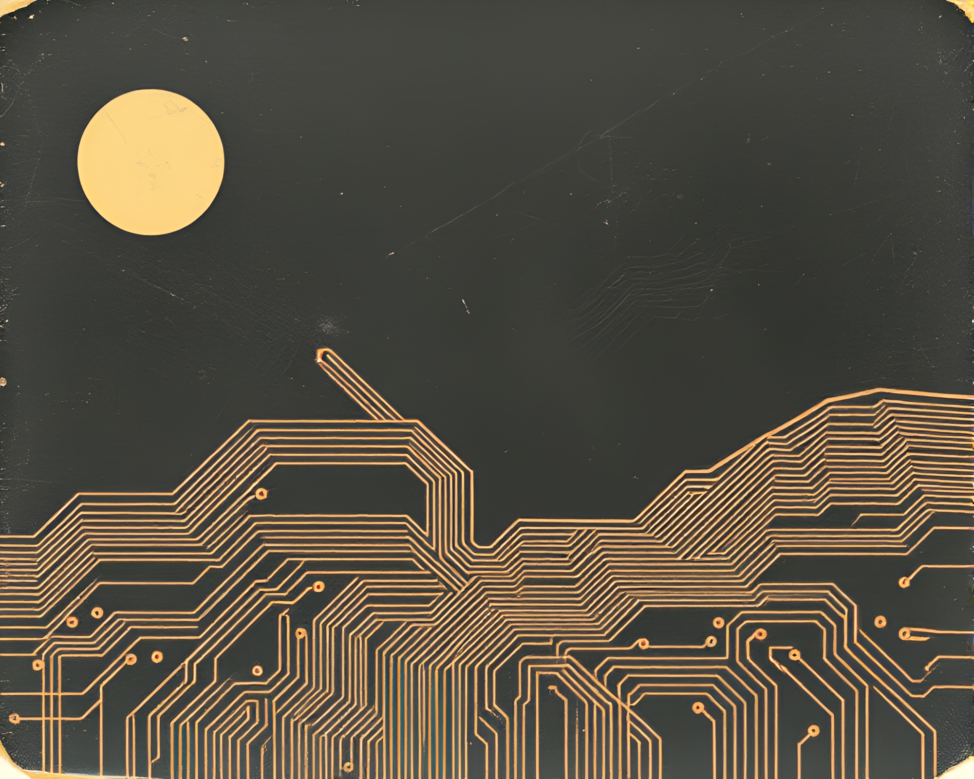 Vintage Circuit Board Traces in Desert Chalkboard Drawing – free AI stock image