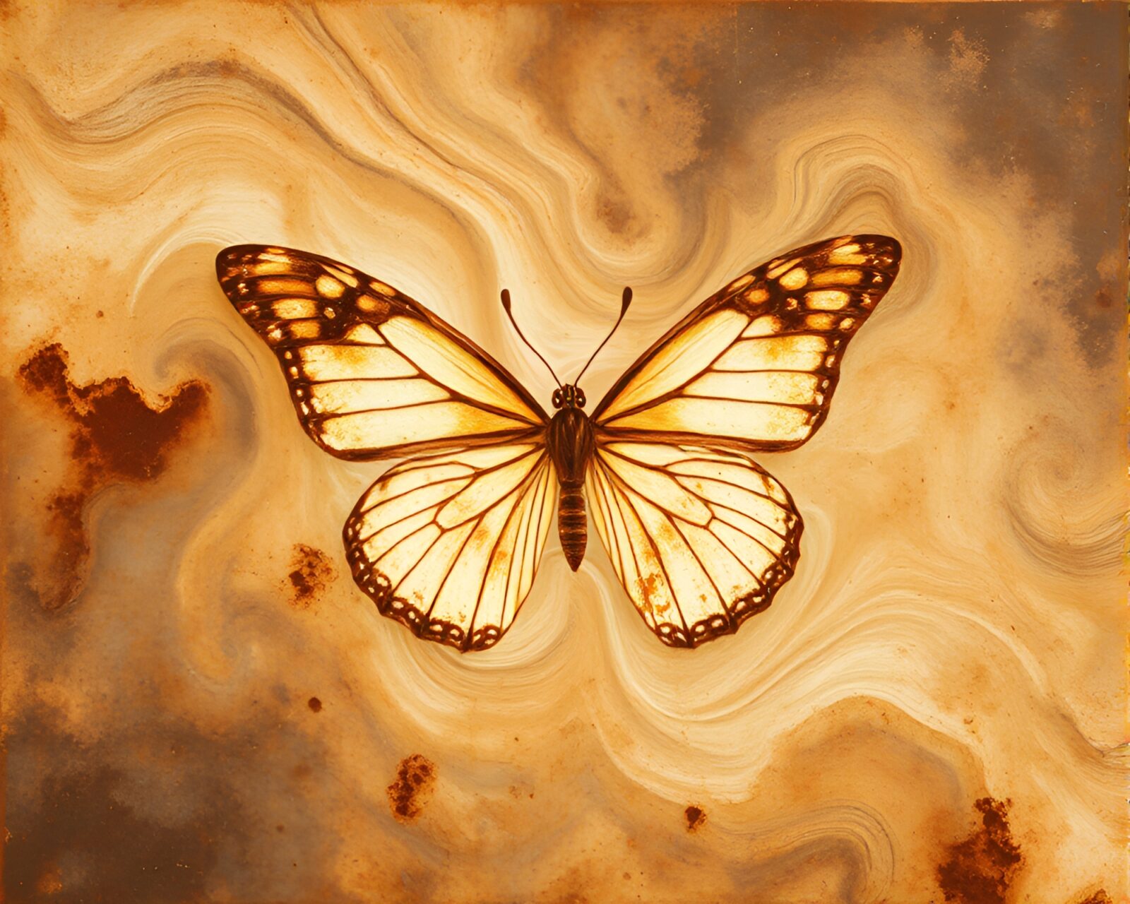 Abstract screen printed artwork of silk butterfly in cosmic rust hues
