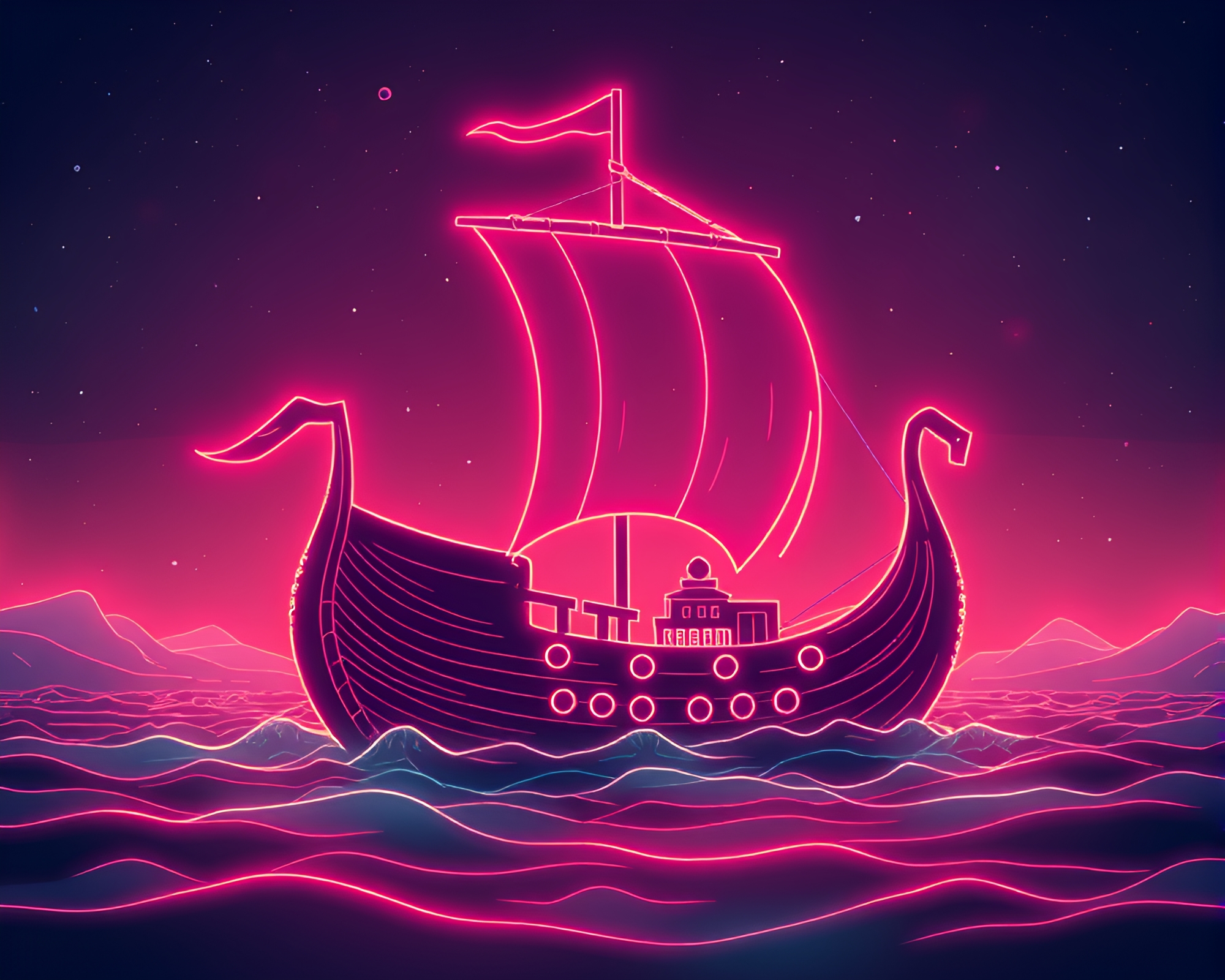 Neon Wireframe Viking Longship in Acid Wash Steampunk Style – free AI stock image
