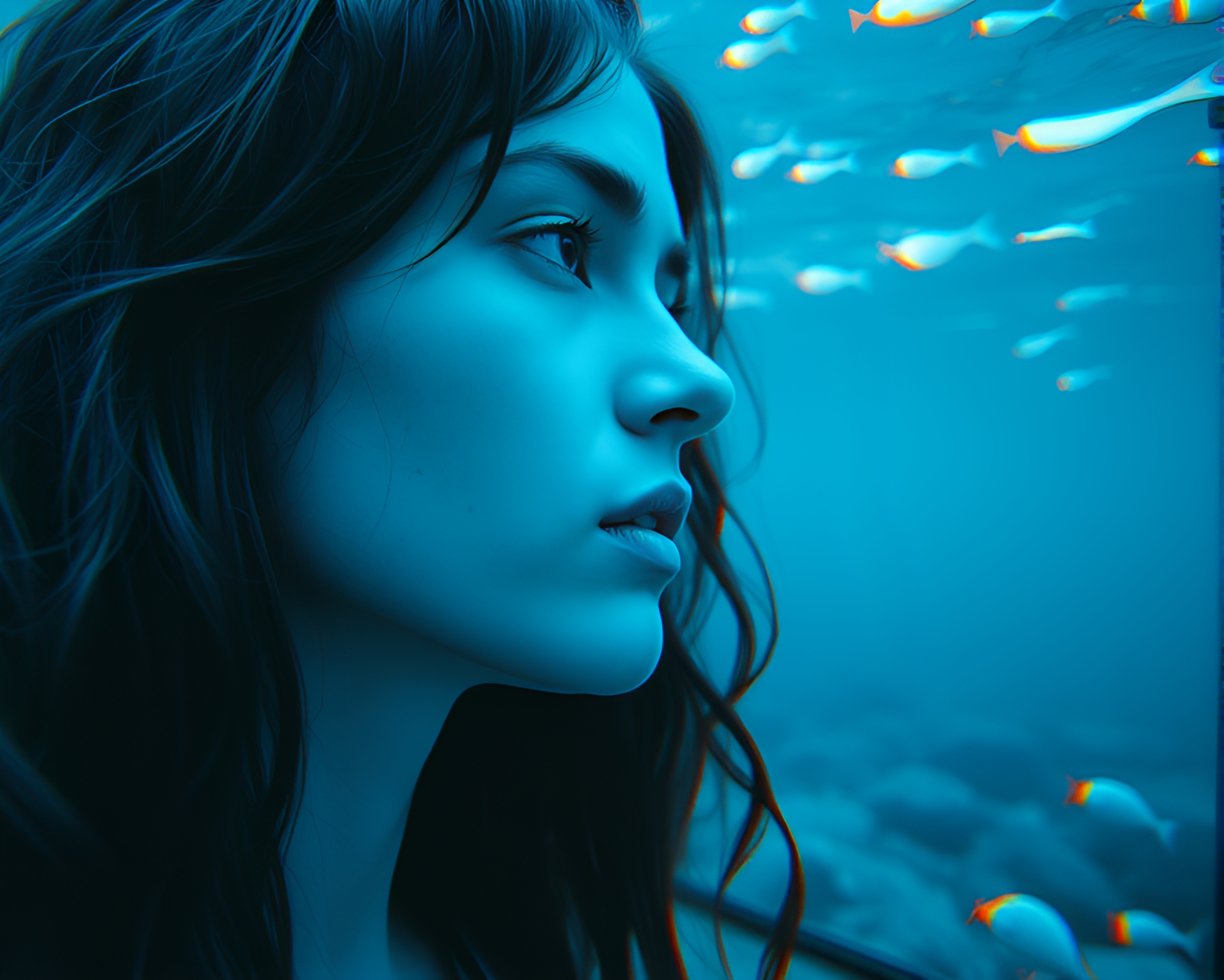 Enigmatic Siren in Monochrome Blue Anaglyph 3D Portrait – free AI stock image