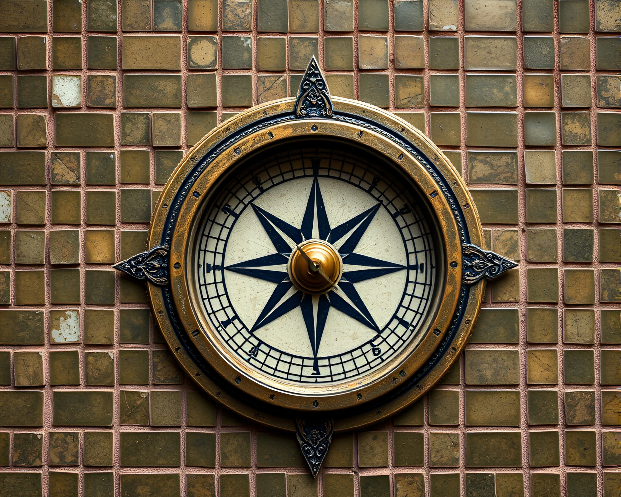 Antique Compass Tiled Mosaic in Olive Drab HDR Photography – free AI stock image