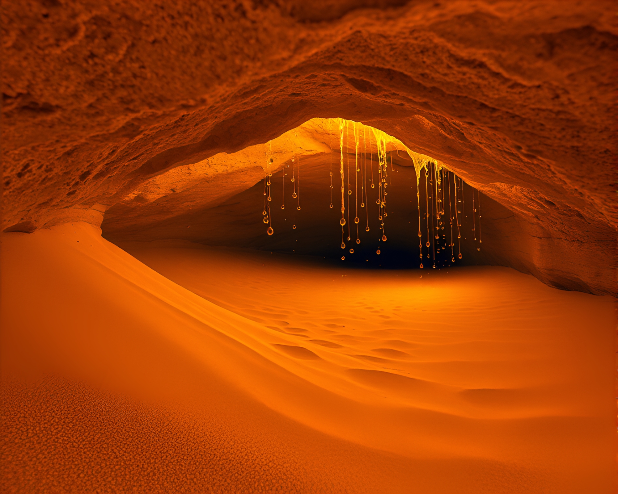Spectacular Thermal Imaging of Water Droplets on Sand Dune Cave Entrance – free AI stock image
