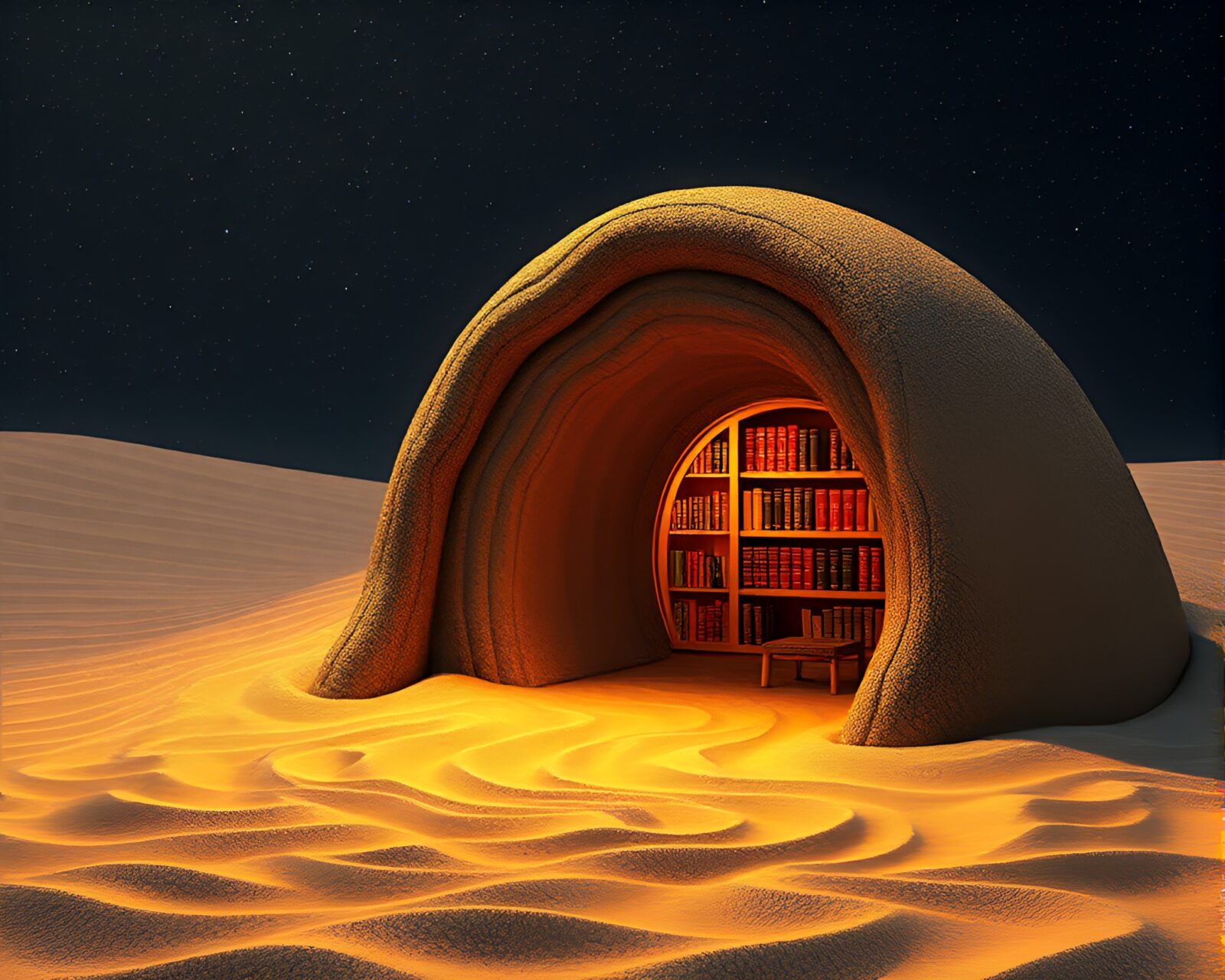 Digital glitched image of a sand swirl patterned mud hut illuminated by library lamp light