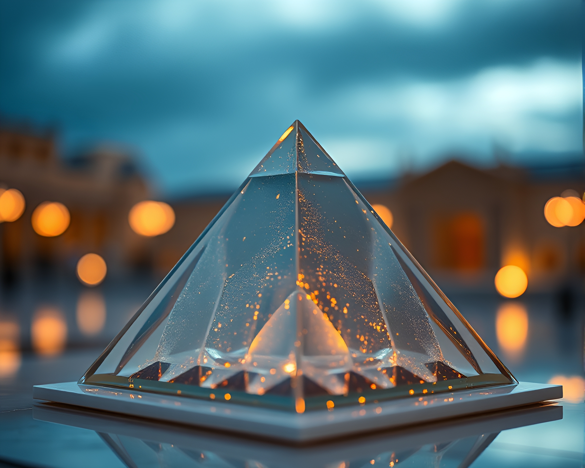 Ethereal Glass Pyramid with Gilded Highlights – free AI stock image