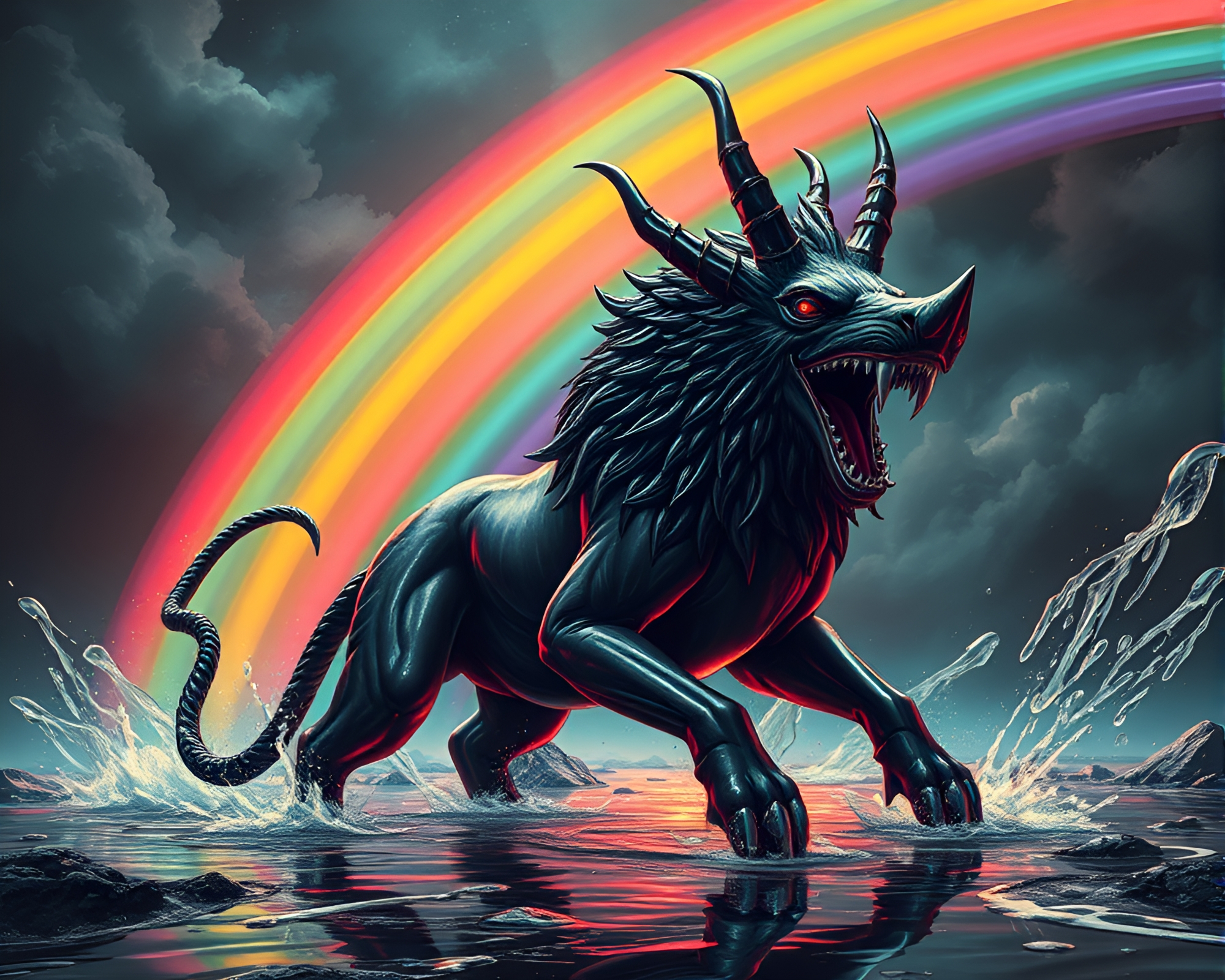 Enigmatic Cerberus in Retro-Future Oil Slick – free AI stock image