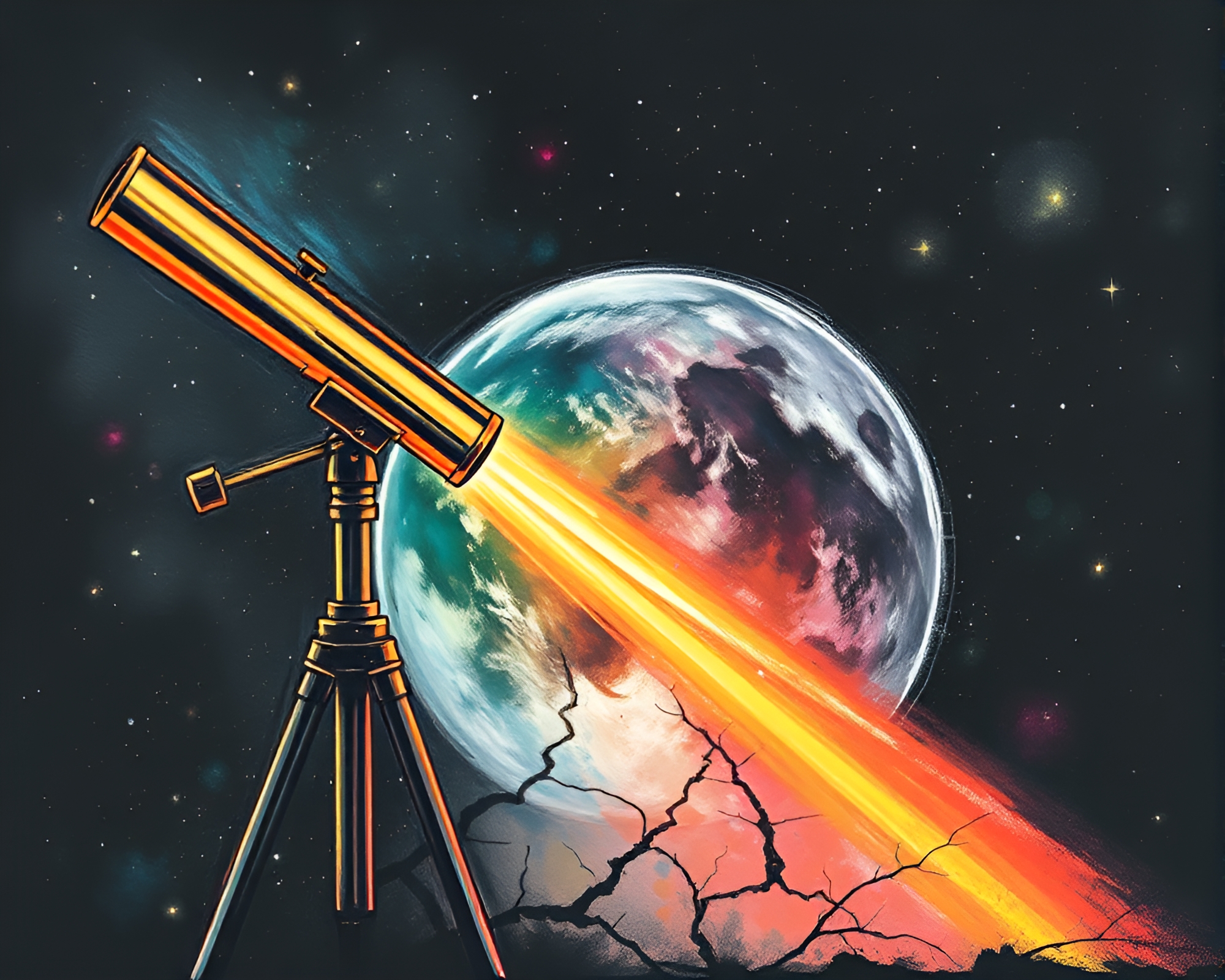 Cracked Earth Revealed Through Brass Telescope in Neon Skies – free AI stock image