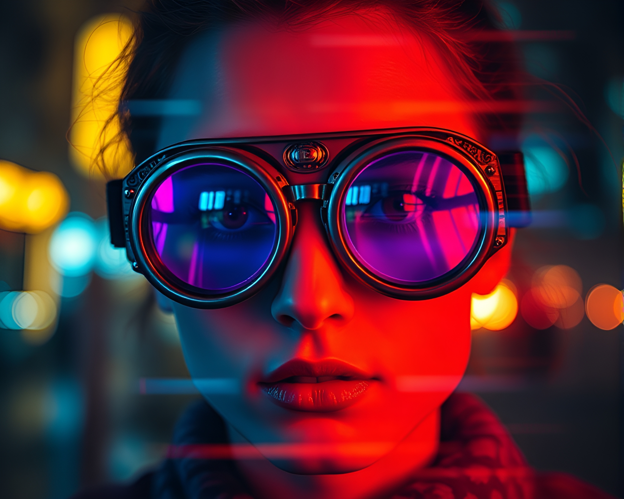 Sapphire Steampunk: Neon Goggles Double Exposure – free AI stock image