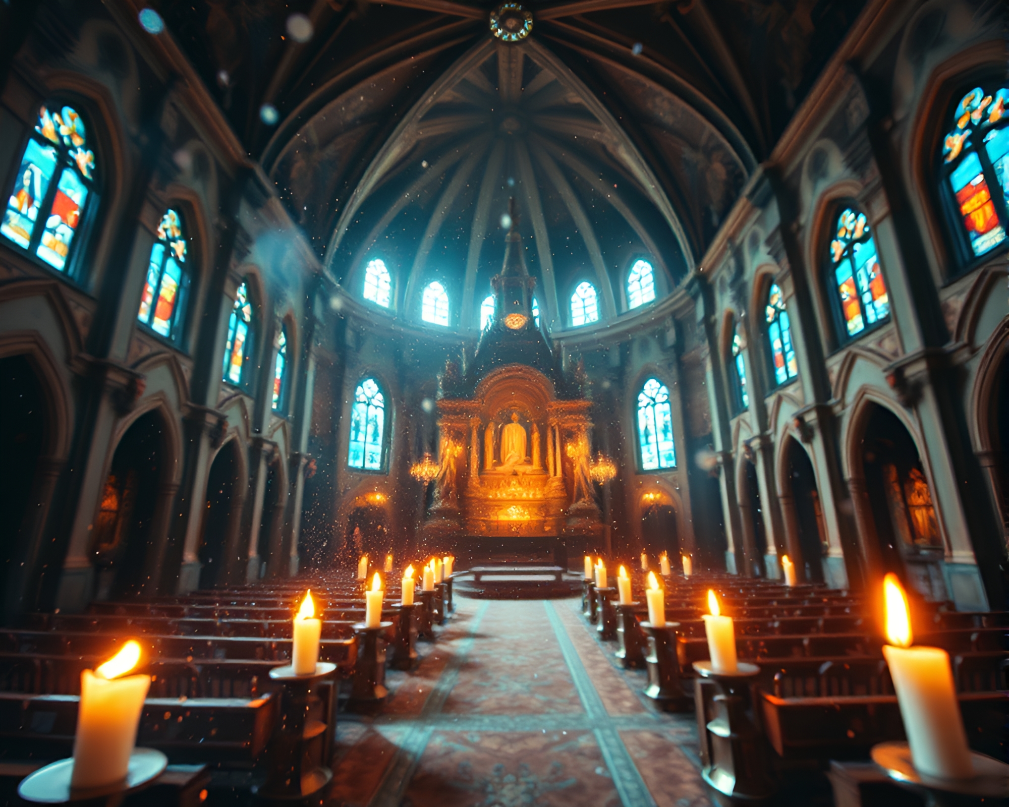 Surreal Kaleidoscope of Dust Particles in Church Candlelight – free AI stock image