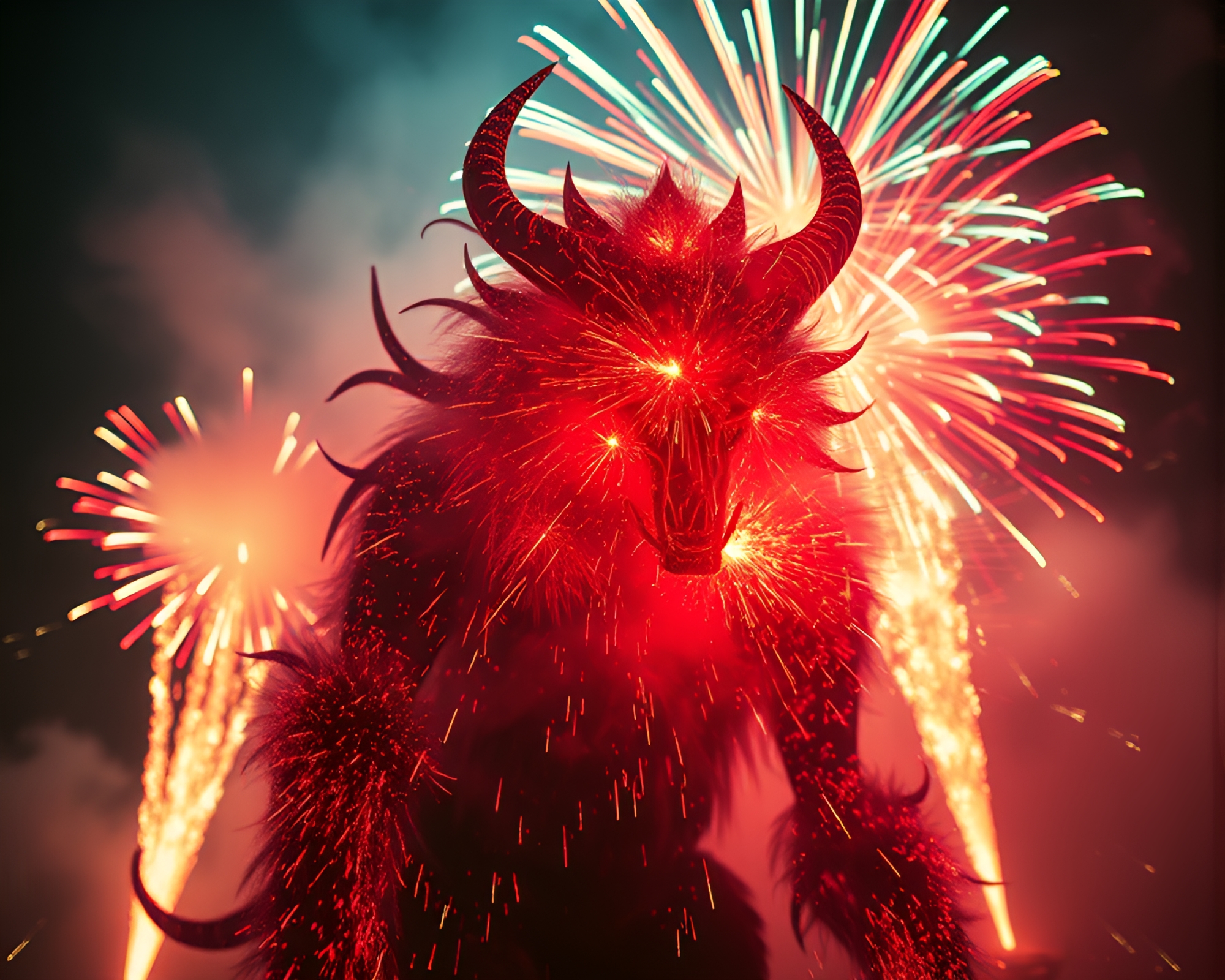 Hyper-saturated Cerberus in Double Exposure Fireworks Burst – free AI stock image