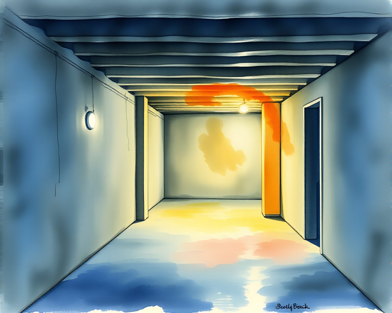 Watercolor painting of a summer beach with basement gloom lighting