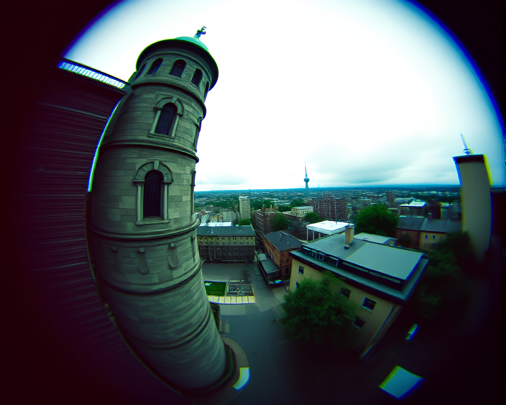 Tower Through the Fisheye: Expired Film Fantasy – free AI stock image