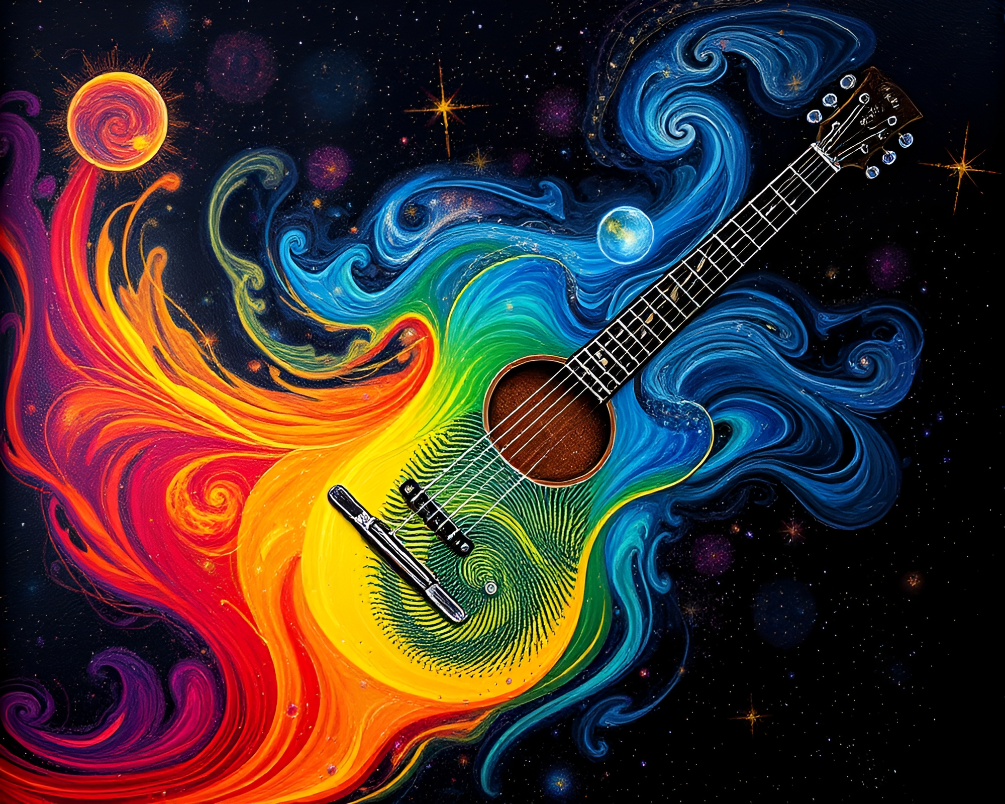 Surreal Guitar Cosmos with Fingerprint Swirls – free AI stock image