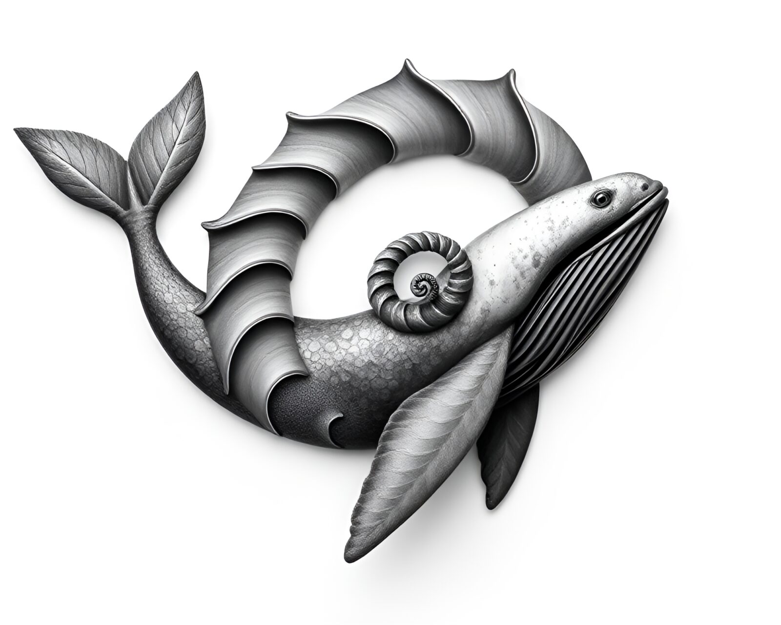 Black and white image of Fibonacci spiral with whale in olive drab tones