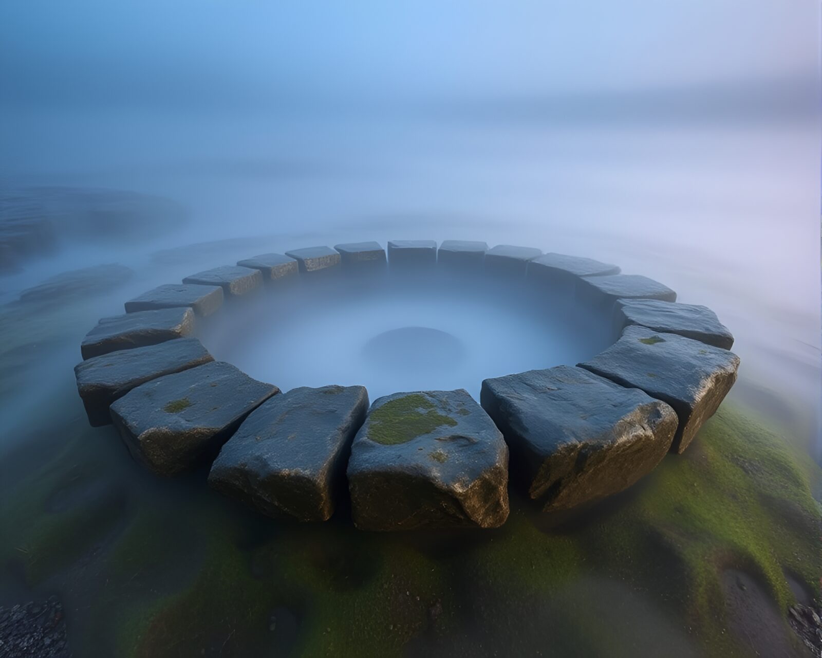 Stone circle surrounded by ethereal mist in long exposure