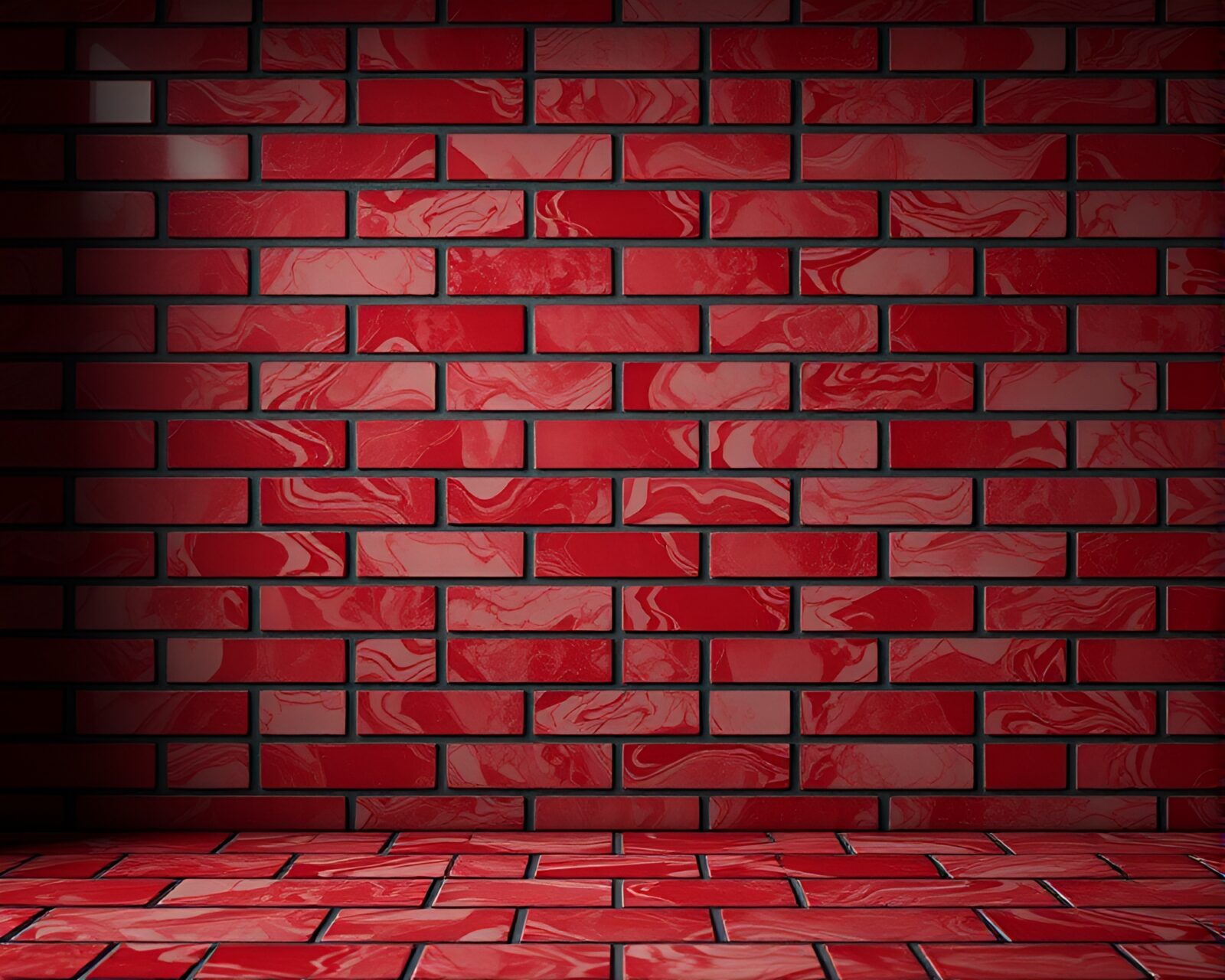 Brick red depth casts shadows on marbled cake mosaic.