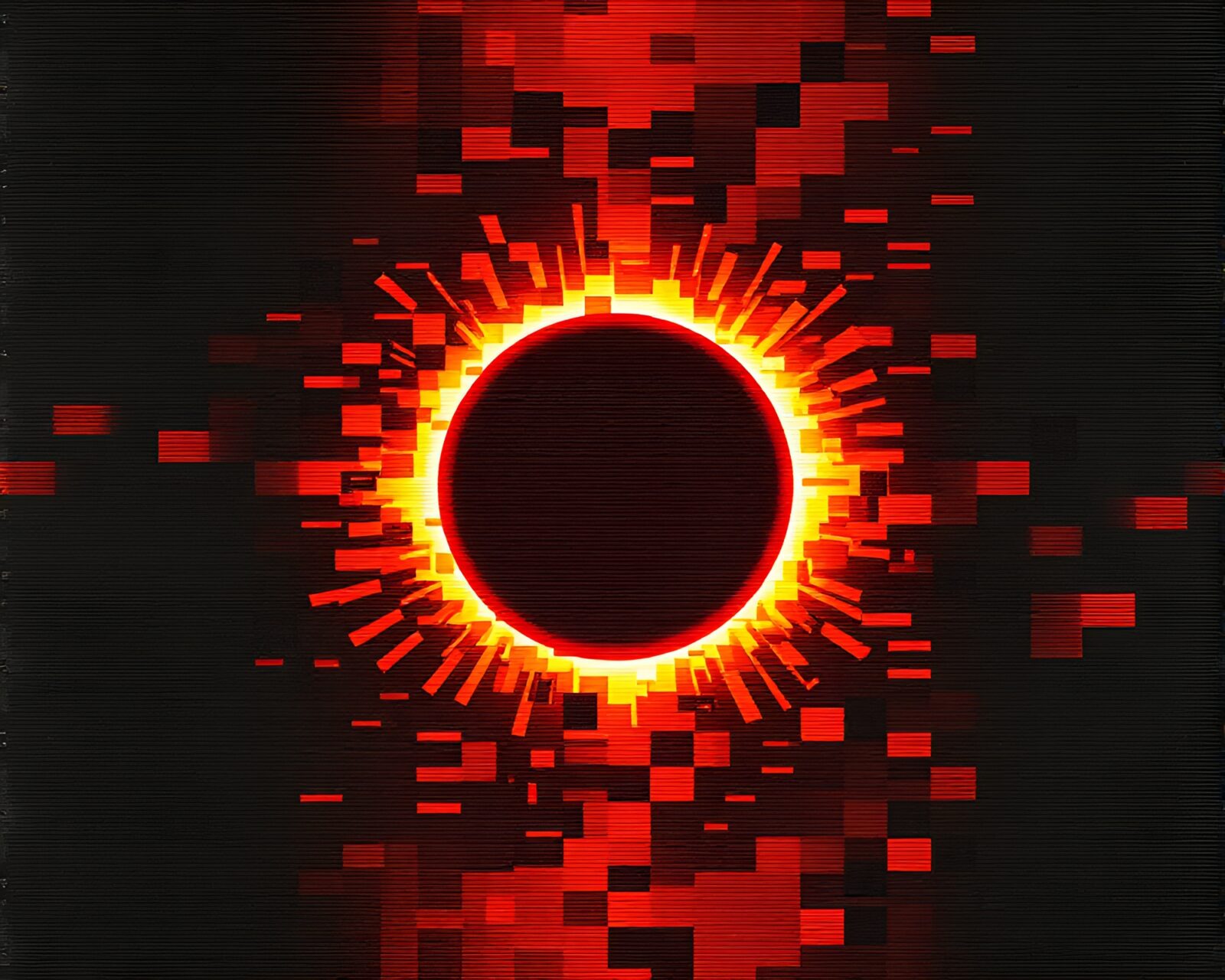Abstract digital art with fragmented solar eclipse and VHS distortion