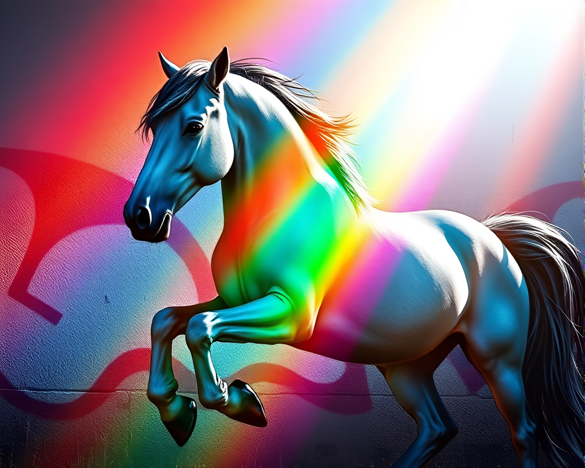 Graffiti Stallion Galloping Through Rainbow Refractions – free AI stock image