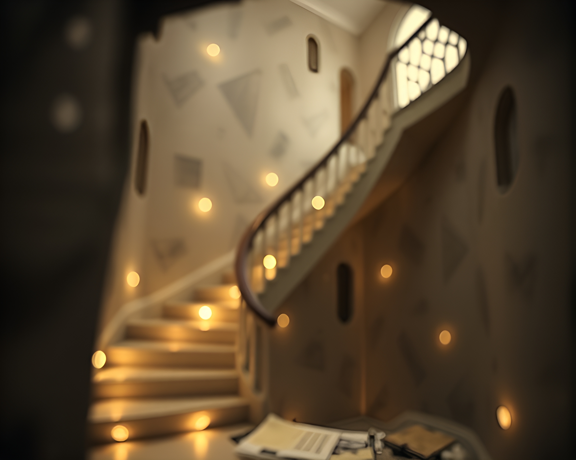 Escher-inspired Staircase Collage with Bokeh Lights – free AI stock image