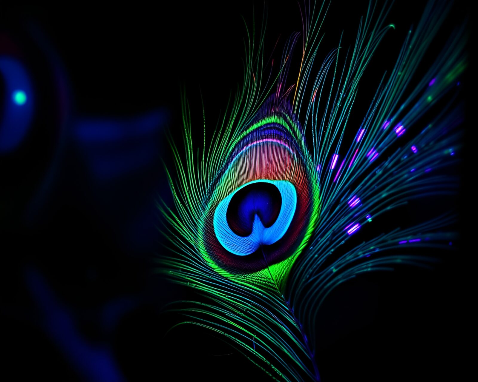Vibrant photocollage of iridescent peacock feather glowing brightly