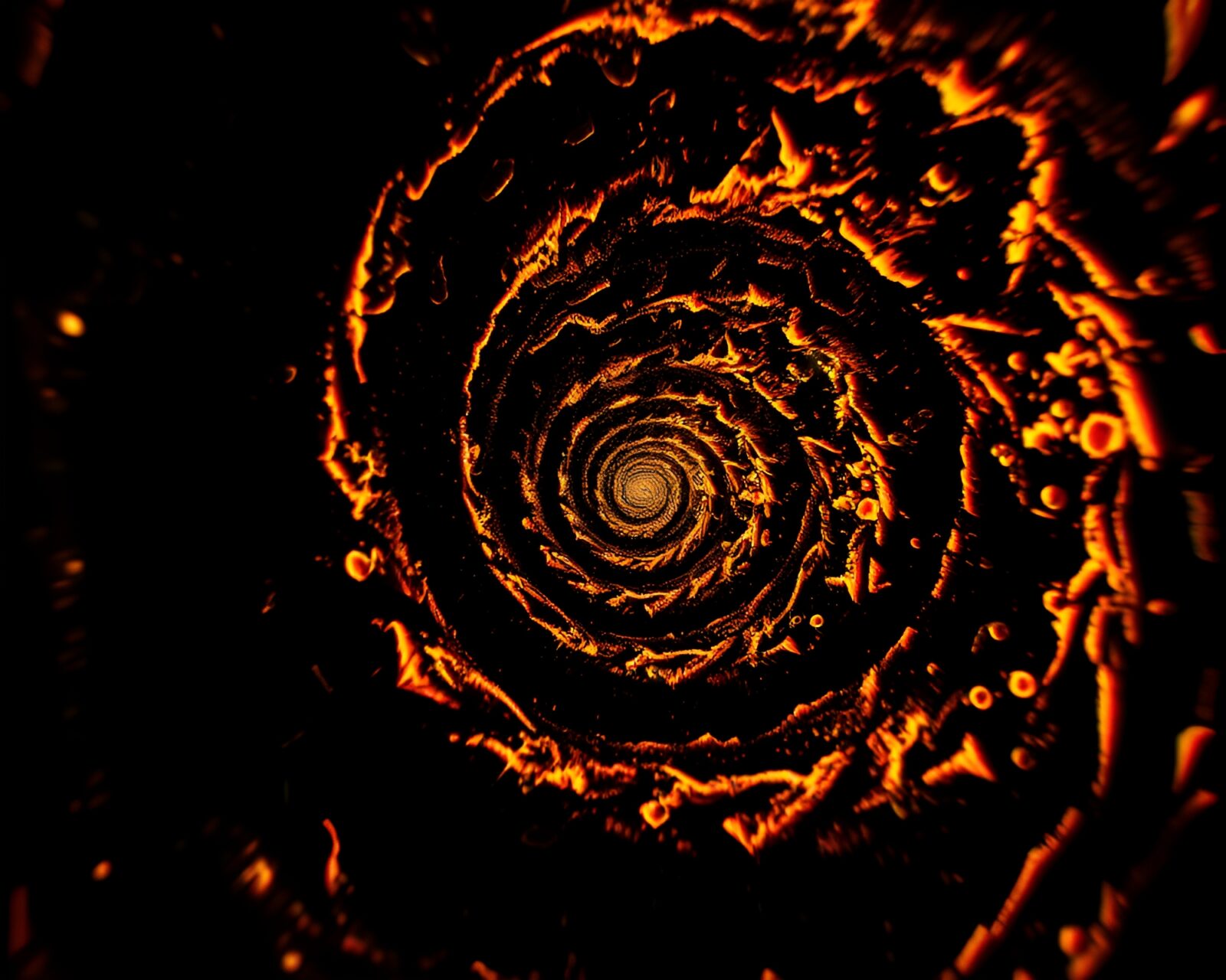 Golden spiral intertwined with gothic horror elements in glitchy lighting