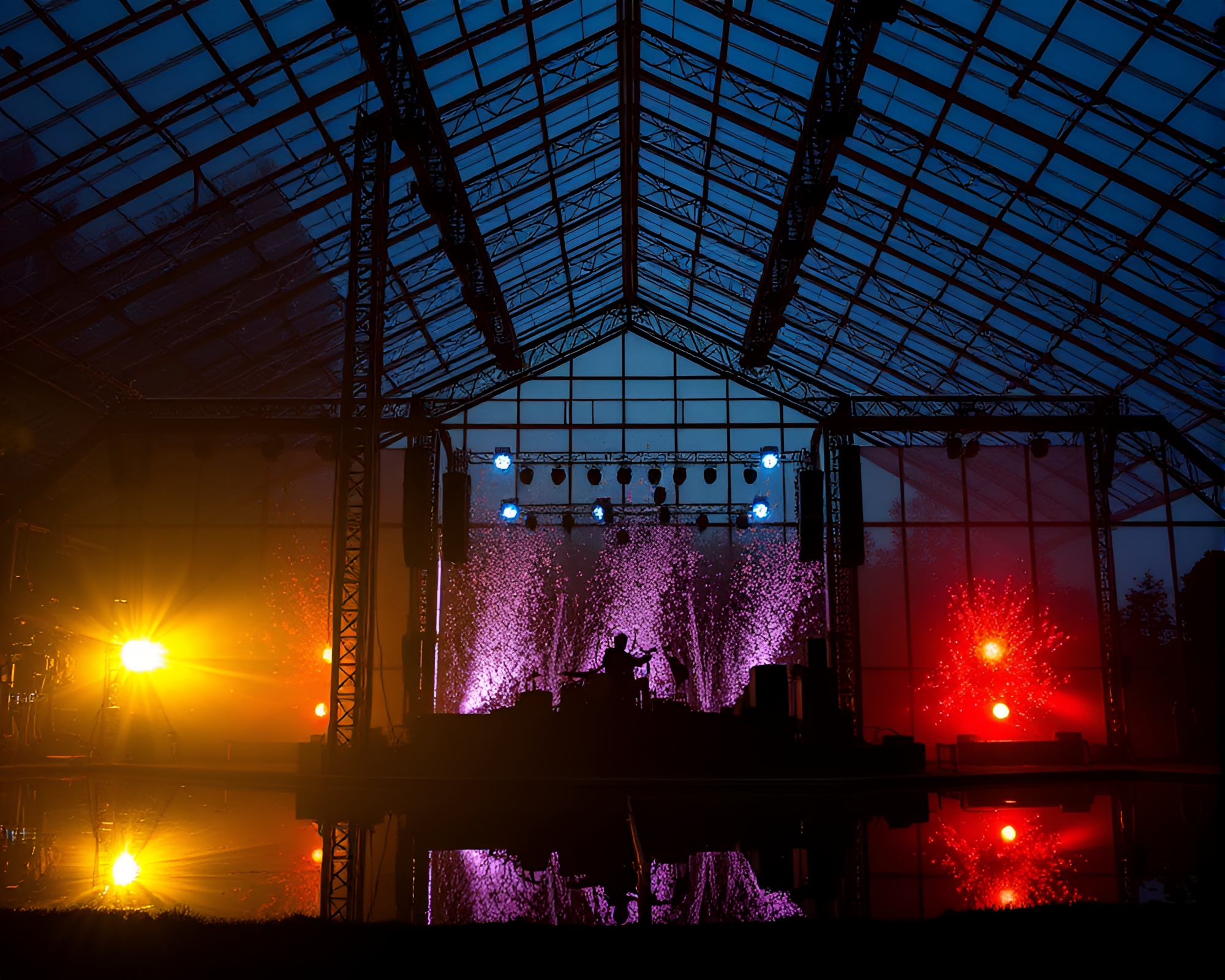 Glass Greenhouse Concert: Reflective Silhouette with Color Splash – free AI stock image
