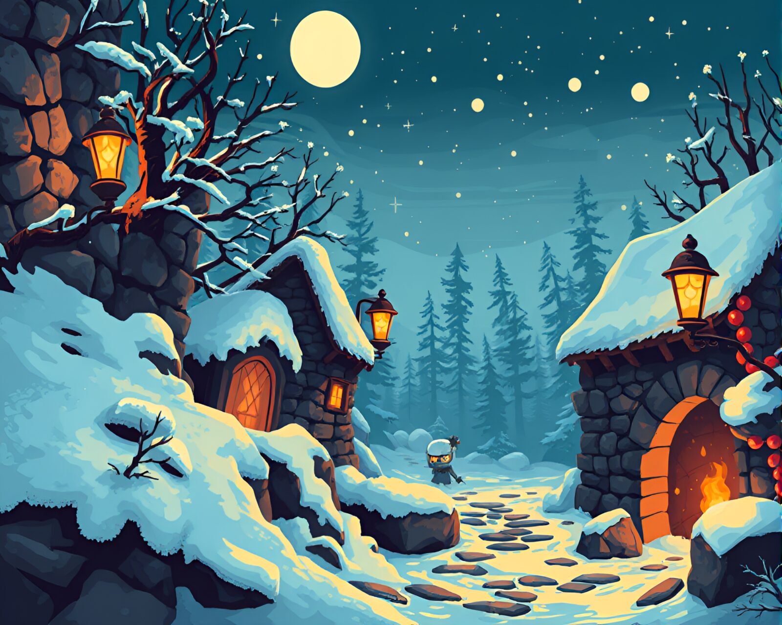 Colorful 8-bit mural of snowy wonderland with dungeon torchlight