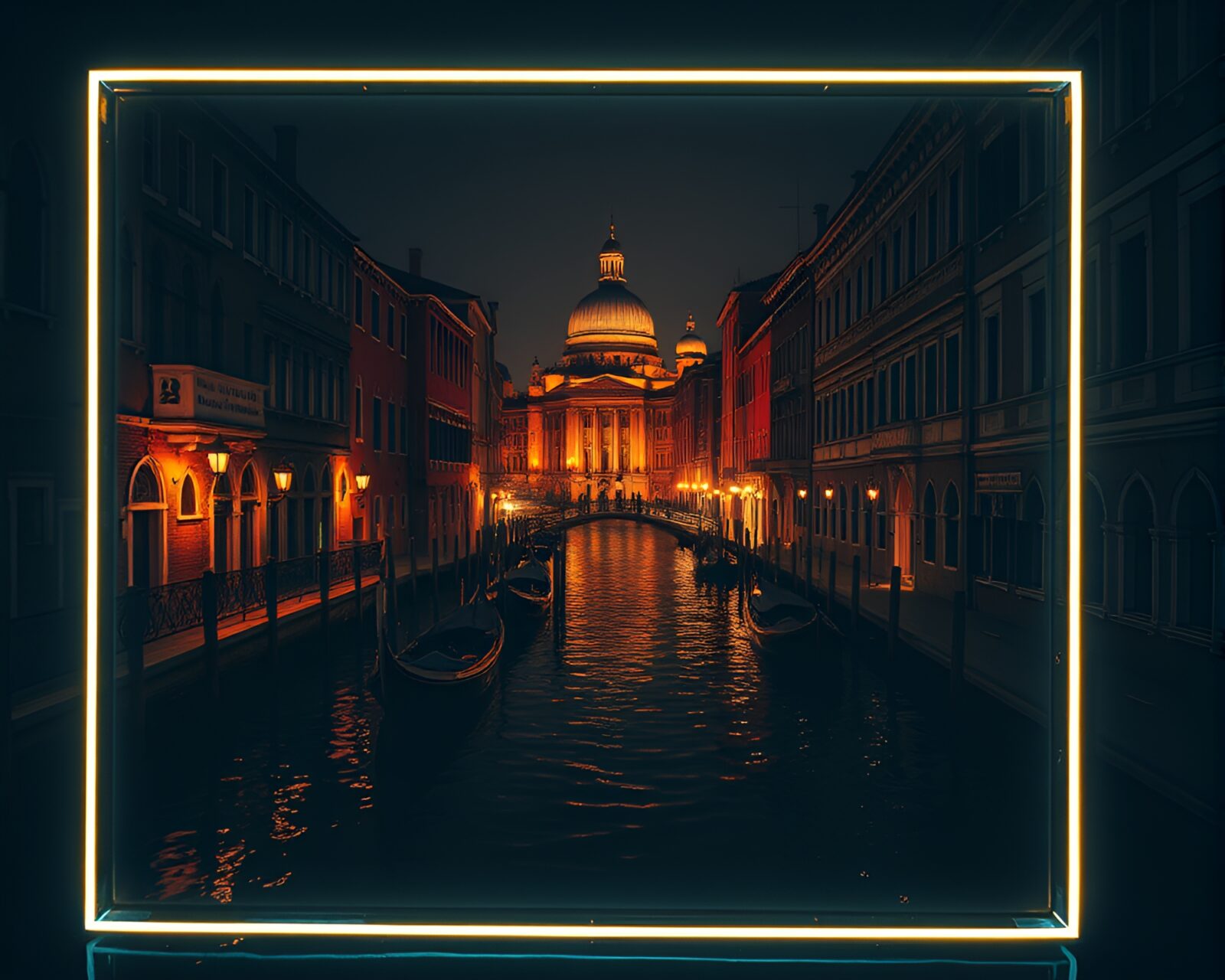 Surreal glowing Venetian canal with intricate line art details