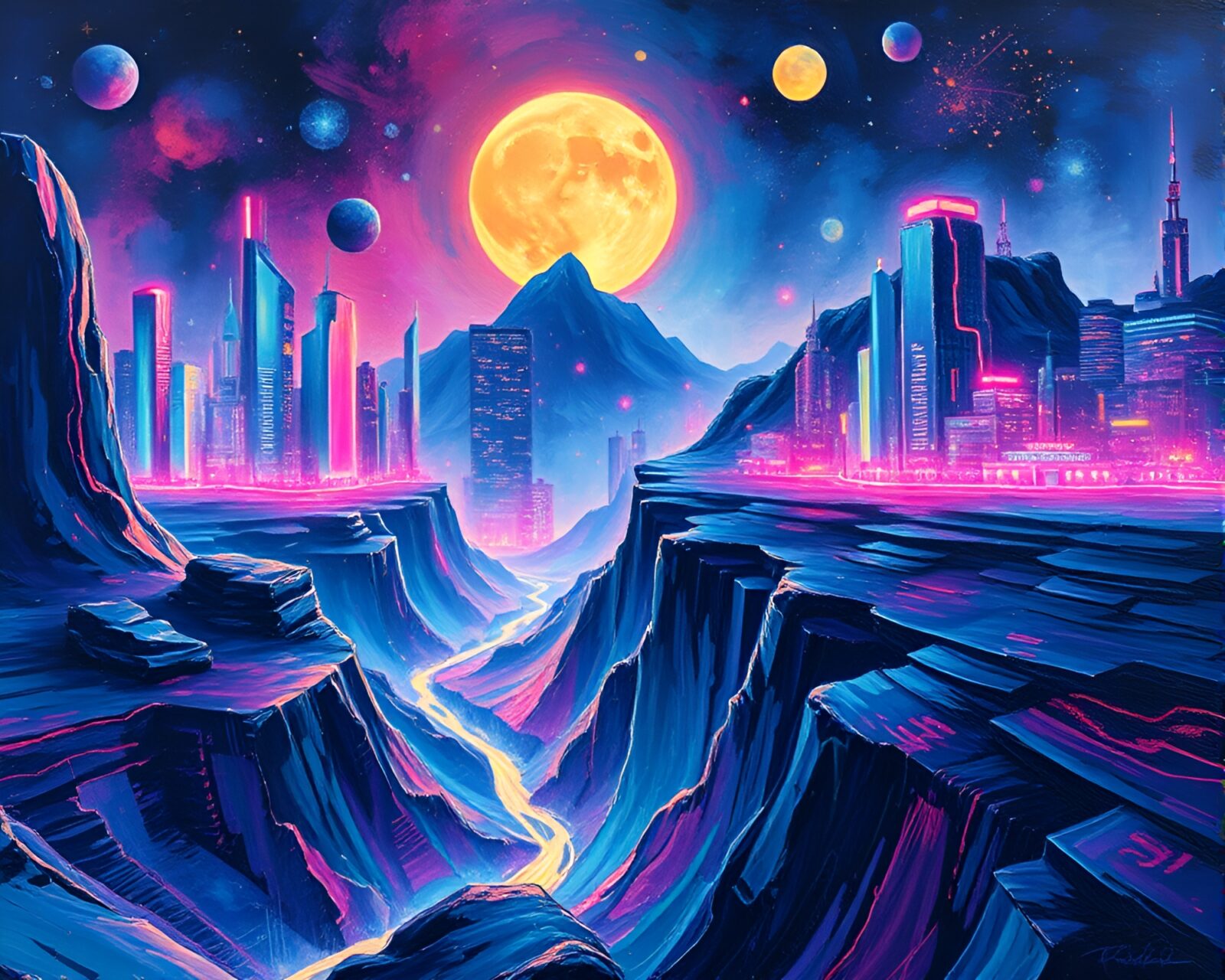 Vibrant neon cityscape with glowing quantum computer center