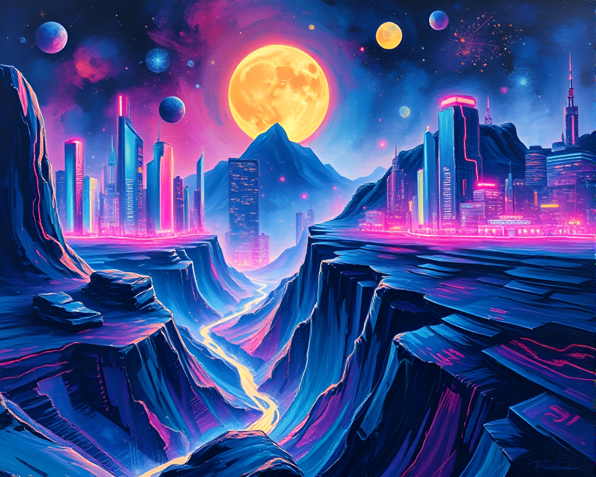 Neon Quantum Computer Fantasy City Illustration – free AI stock image