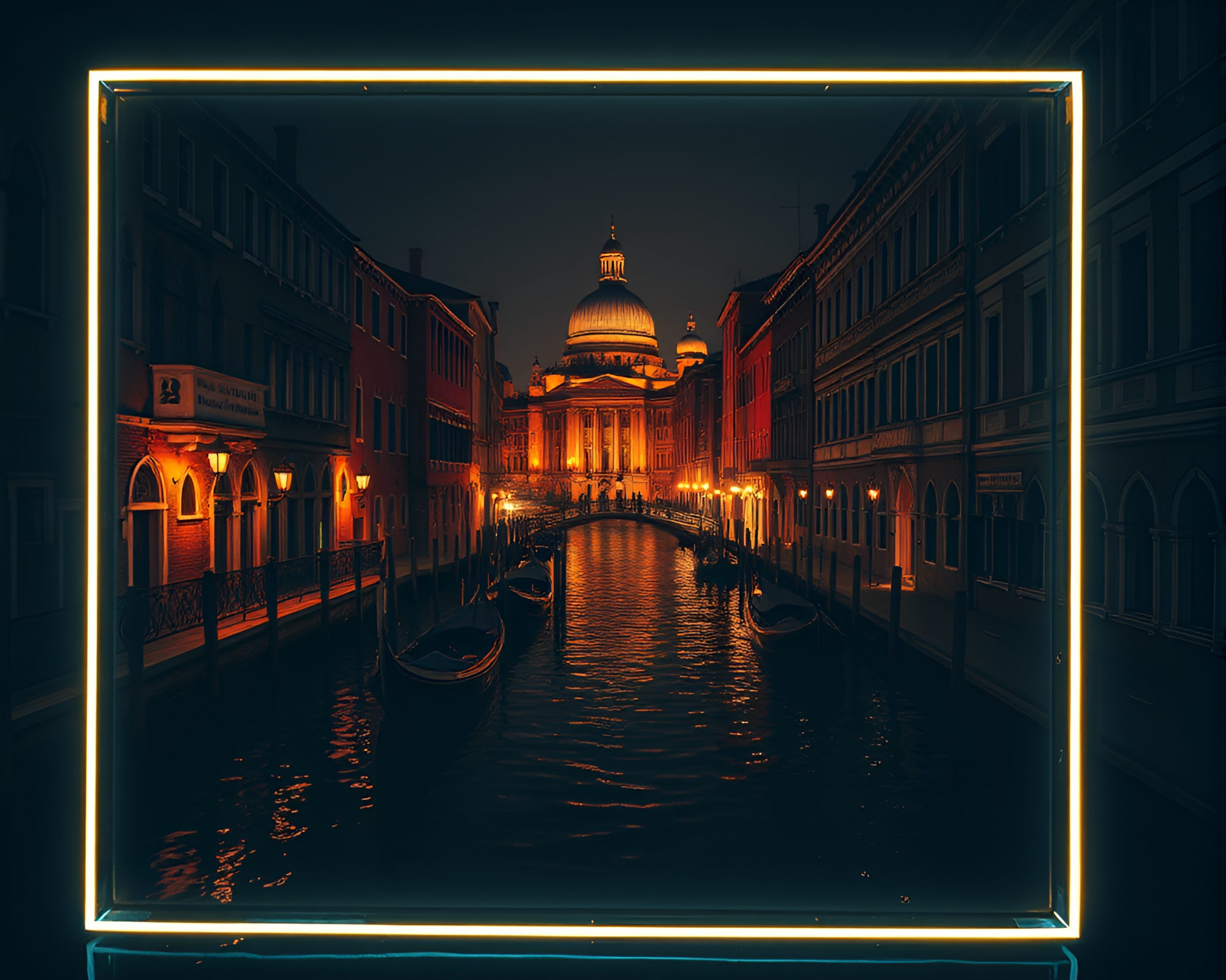 Venetian Glow-in-the-Dark Line Art Canal Reflections – free AI stock image