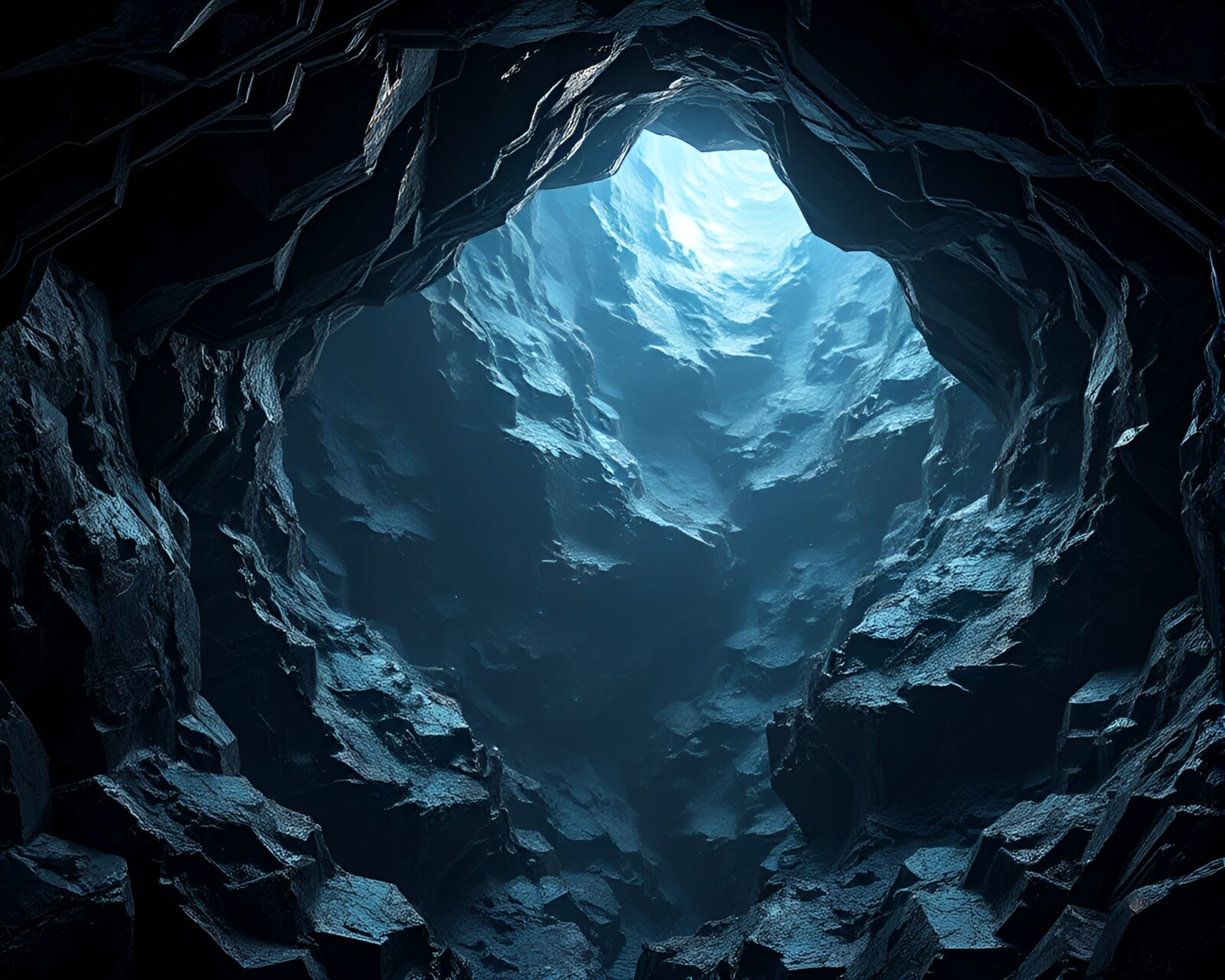 Futuristic cybernetic cave with metallic lighting layers
