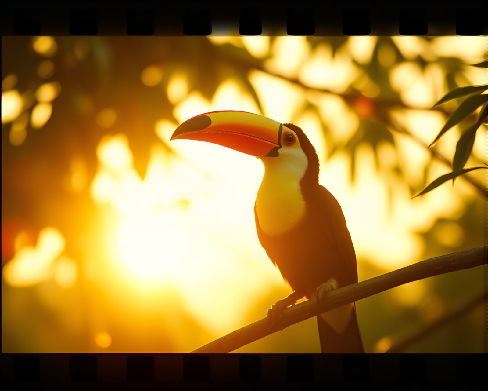 Imaginative scene of a colorful toucan surrounded by film sprocket holes