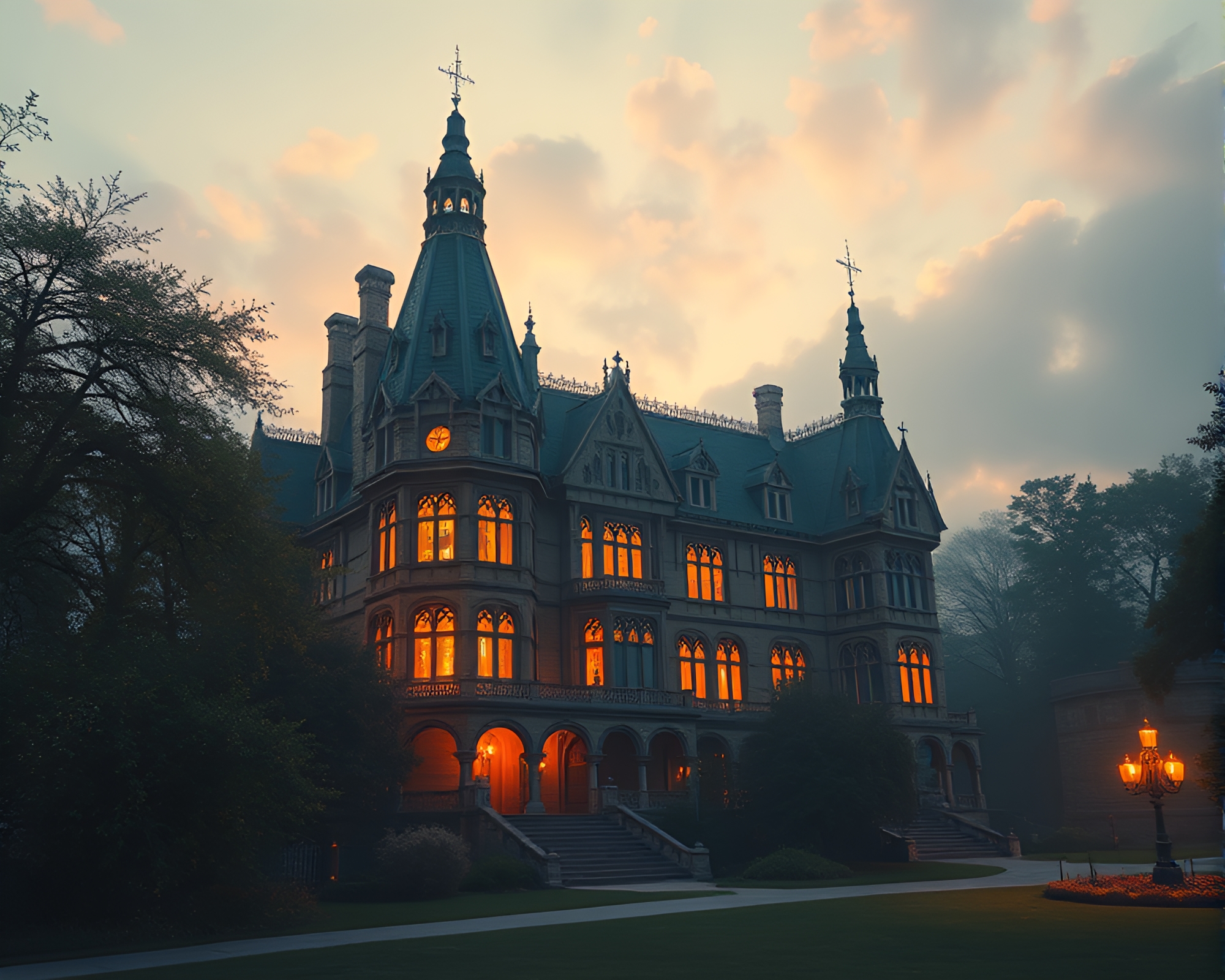 Neo-Gothic Mansion Bathed in Afternoon Warmth – free AI stock image